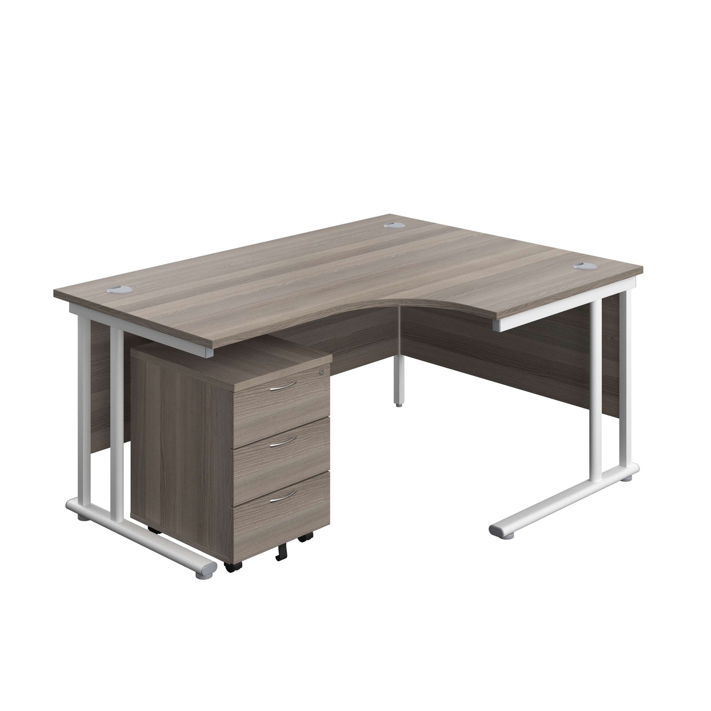 Twin Upright Right Hand Radial Desk + Mobile 3 Drawer Pedestal (FSC) | 1600X1200 | Grey Oak/White