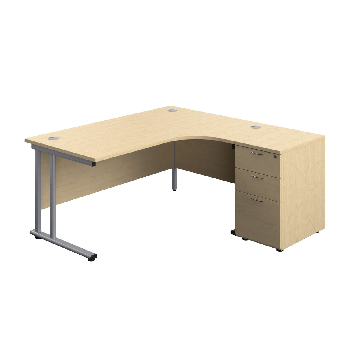 Twin Upright Right Hand Radial Desk + Desk High 3 Drawer Pedestal (FSC) | 1600X1200 | 600mm Deep Pedestal | Maple/Silver