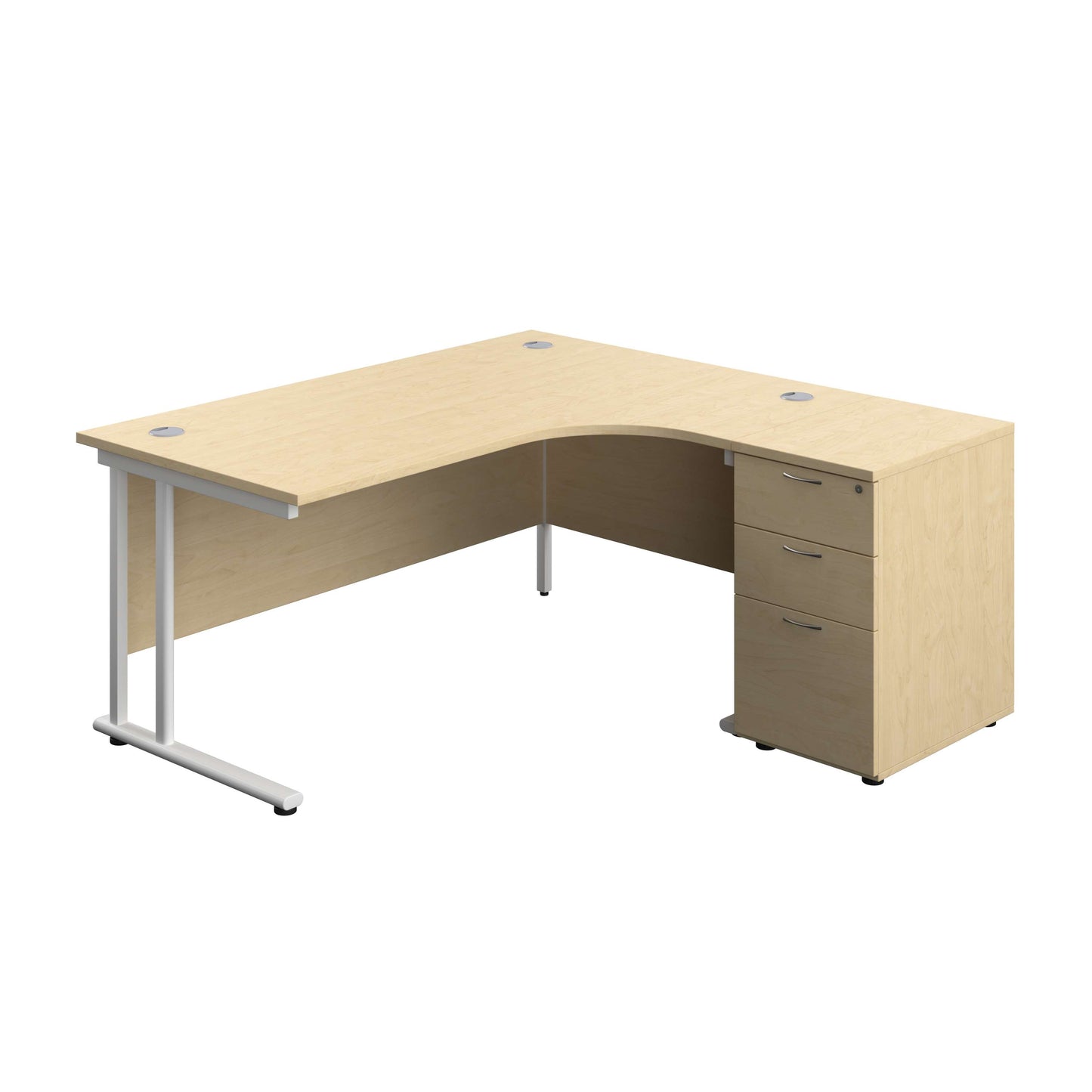 Twin Upright Right Hand Radial Desk + Desk High 3 Drawer Pedestal (FSC) | 1600X1200 | 600mm Deep Pedestal | Maple/White