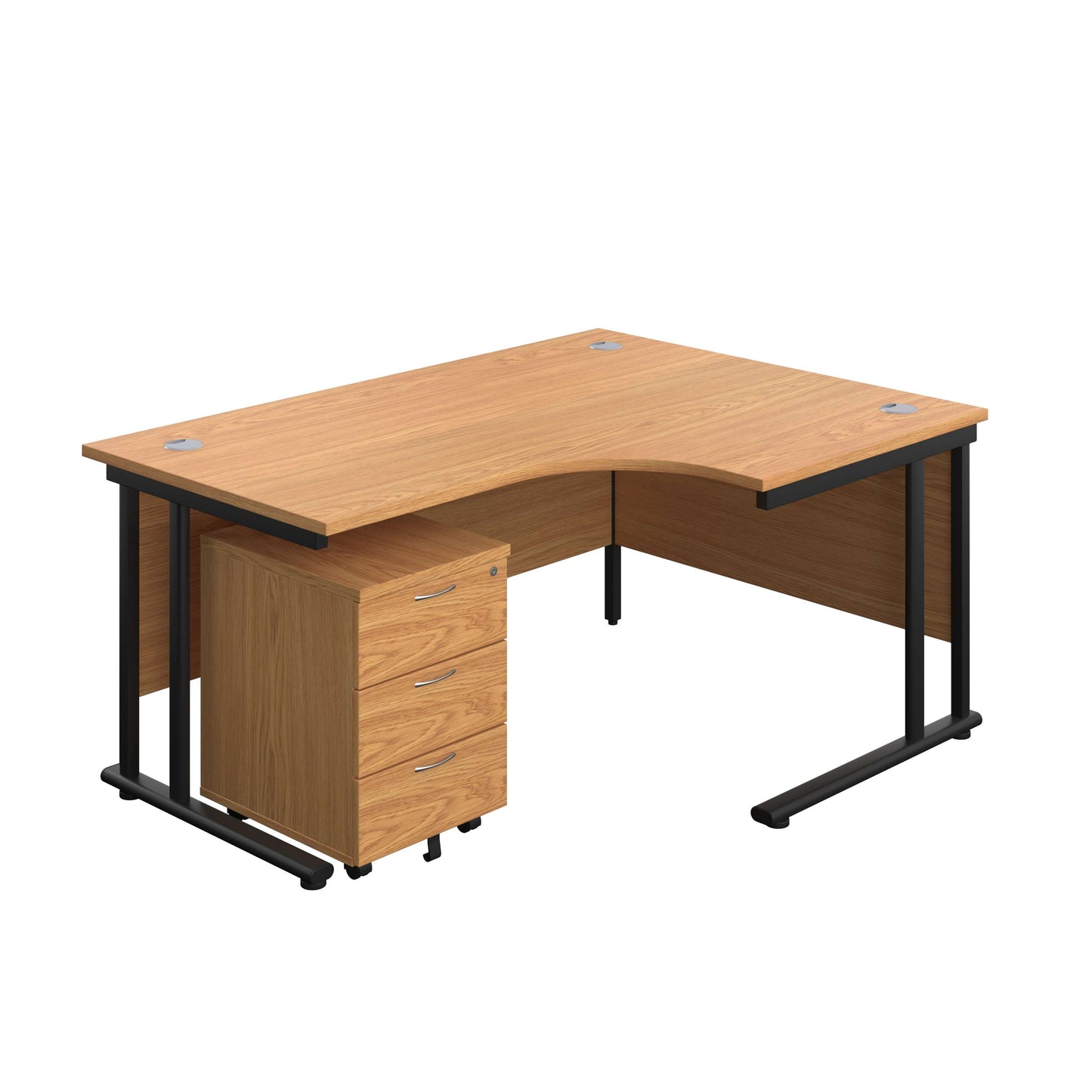 Twin Upright Right Hand Radial Desk + Mobile 3 Drawer Pedestal (FSC) | 1600X1200 | Nova Oak/Black