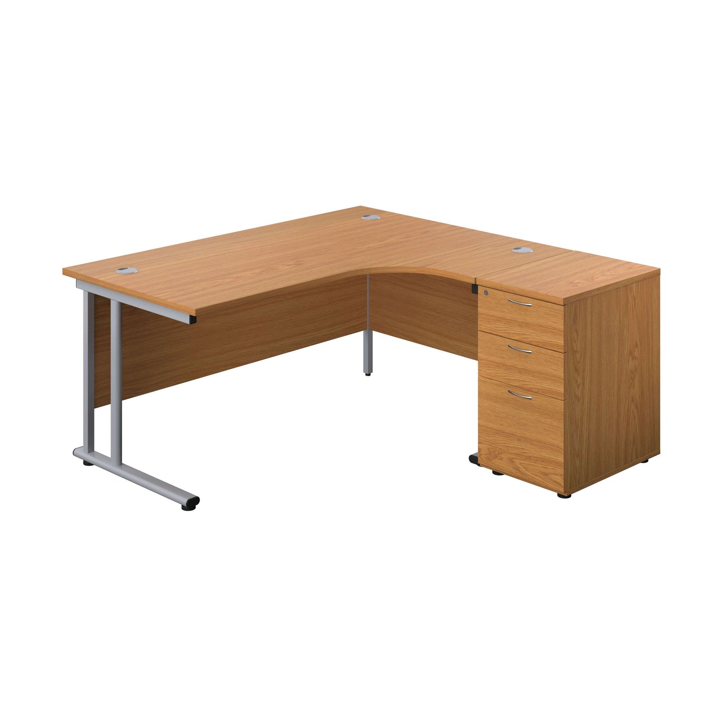 Twin Upright Right Hand Radial Desk + Desk High 3 Drawer Pedestal (FSC) | 1600X1200 | 600mm Deep Pedestal | Nova Oak/Silver
