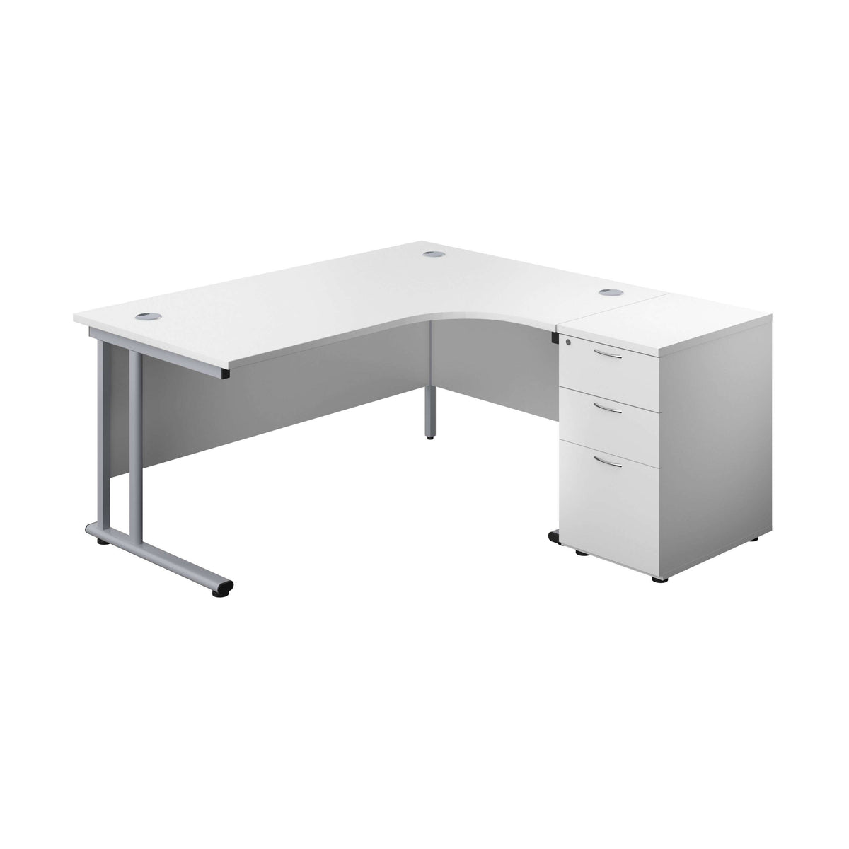 Twin Upright Right Hand Radial Desk + Desk High 3 Drawer Pedestal (FSC) | 1600X1200 | 600mm Deep Pedestal | White/Silver