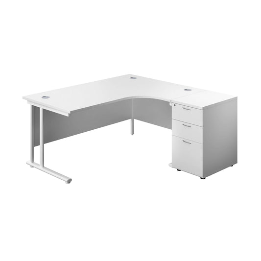 Twin Upright Right Hand Radial Desk + Desk High 3 Drawer Pedestal (FSC) | 1600X1200 | 600mm Deep Pedestal | White/White