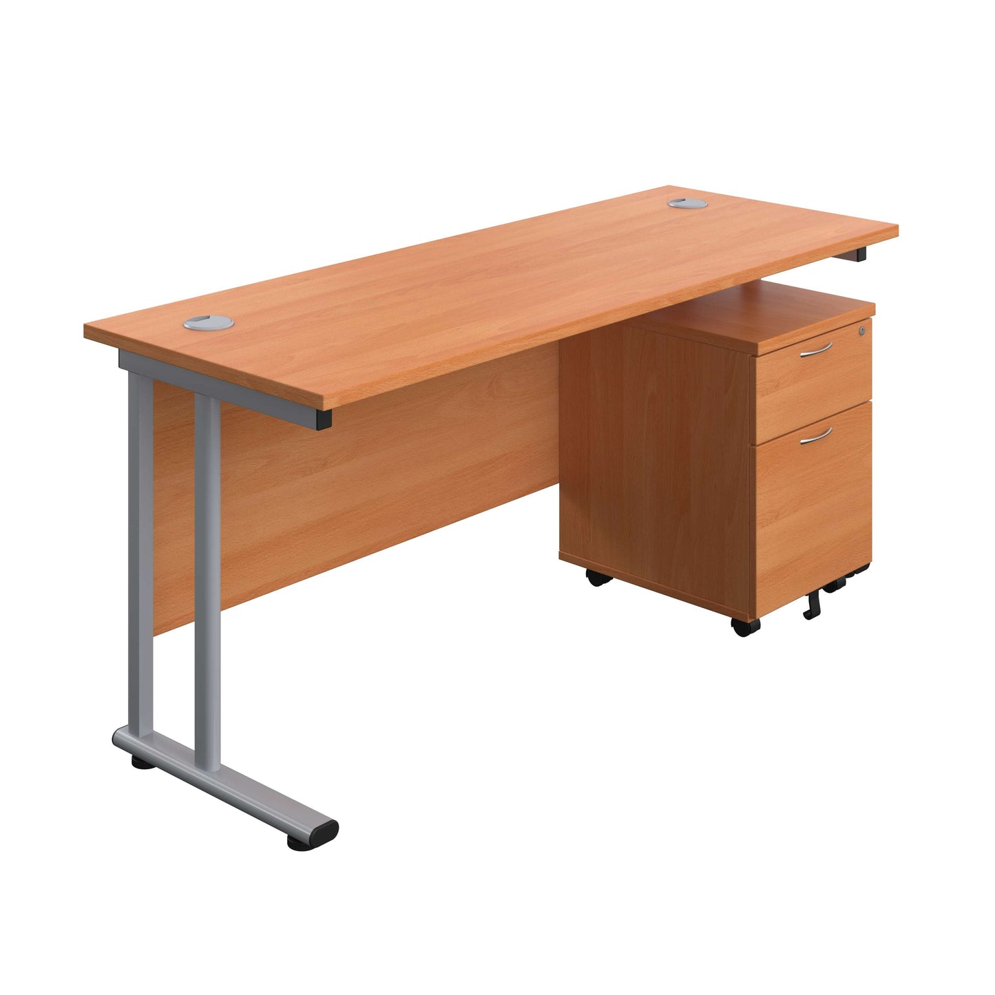Twin Upright Rectangular Desk + Mobile 2 Drawer Pedestal (FSC) | 1600X600 | Beech/Silver