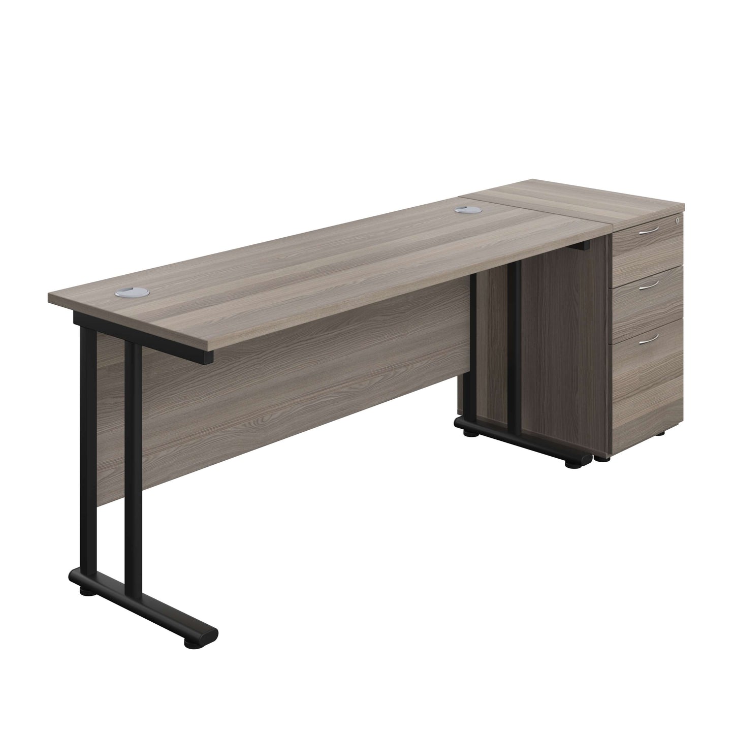 Twin Upright Rectangular Desk + Desk High 3 Drawer Pedestal (FSC) | 1600X600 | Grey Oak/Black