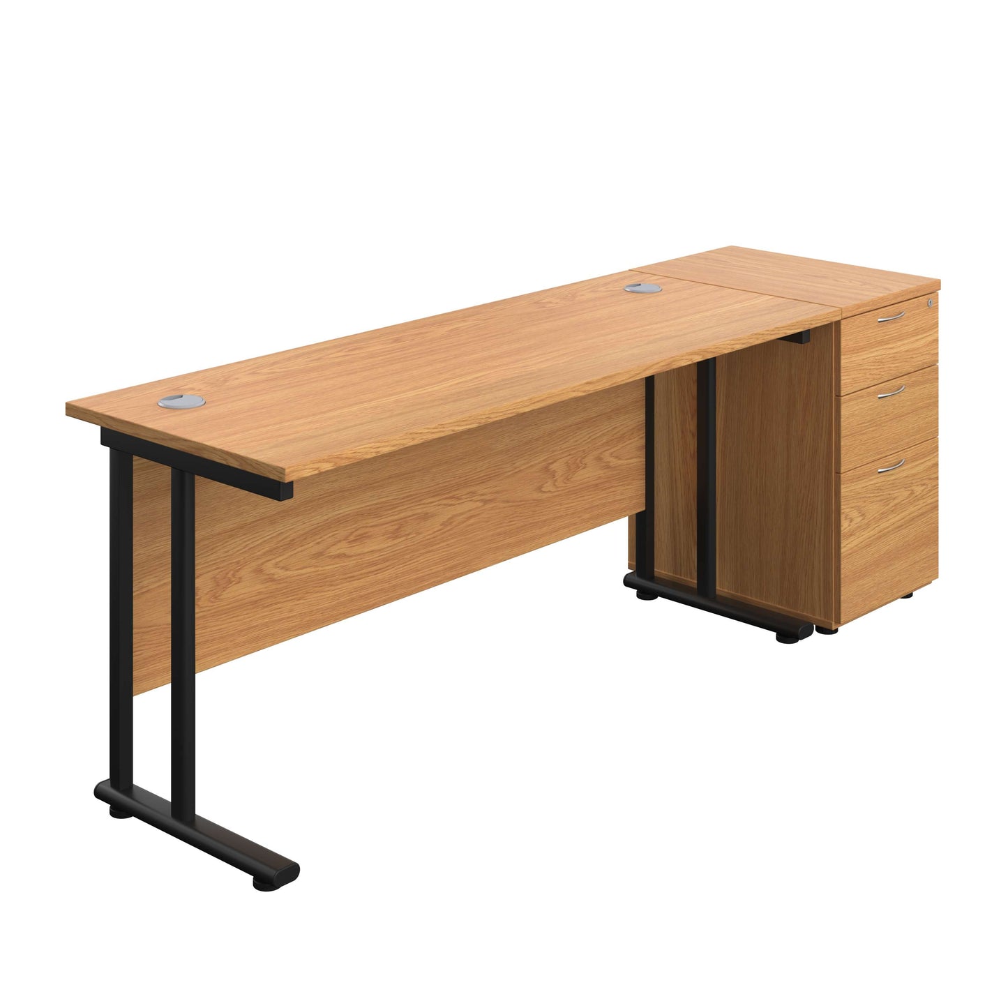 Twin Upright Rectangular Desk + Desk High 3 Drawer Pedestal (FSC) | 1600X600 | Nova Oak/Black