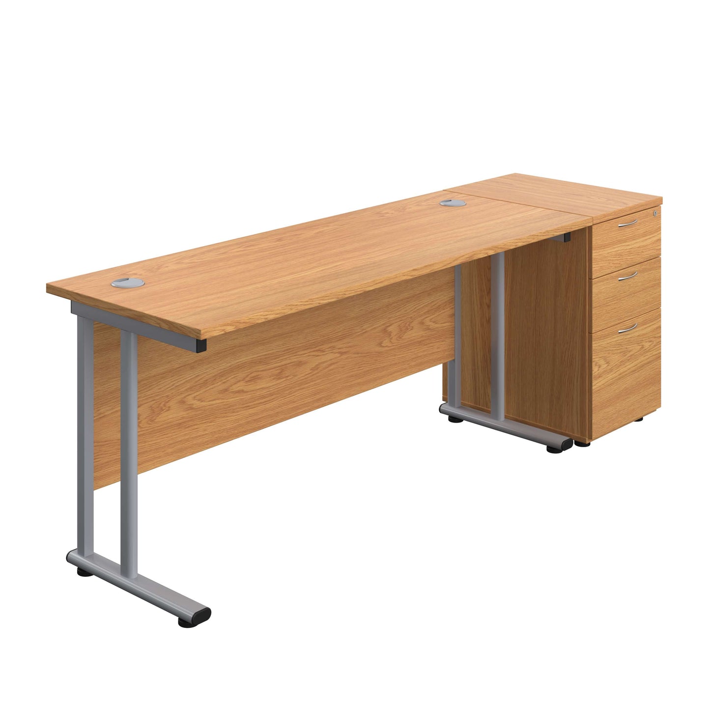 Twin Upright Rectangular Desk + Desk High 3 Drawer Pedestal (FSC) | 1600X600 | Nova Oak/Silver
