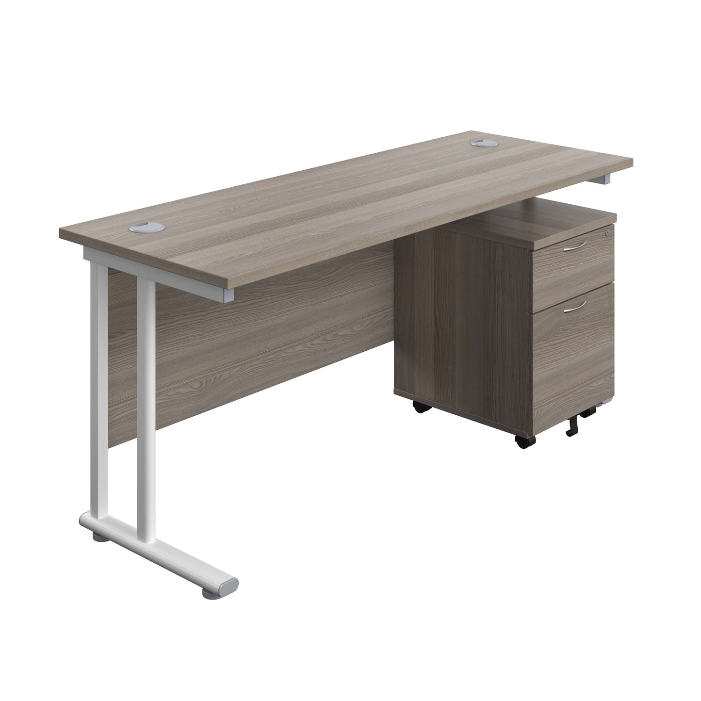 Twin Upright Rectangular Desk + Mobile 2 Drawer Pedestal (FSC) | 1600X600 | Grey Oak/White