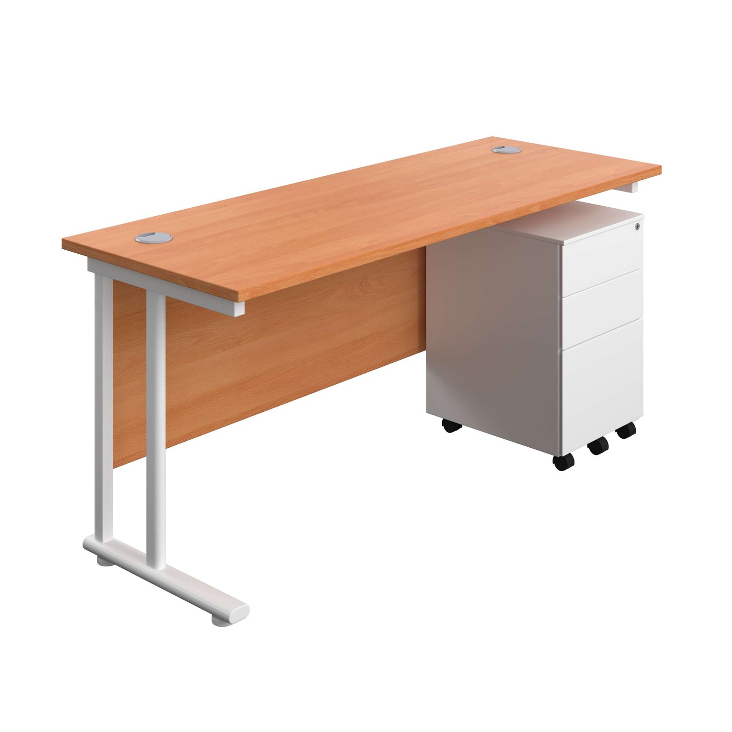 Twin Upright Rectangular Desk + Under Desk Steel Pedestal 3 Drawers (FSC) | 1600X600 | Beech/White