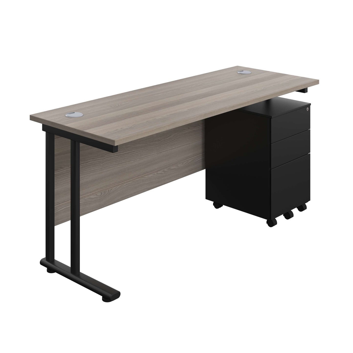 Twin Upright Rectangular Desk + Under Desk Steel Pedestal 3 Drawers (FSC) | 1600X600 | Grey Oak/Black