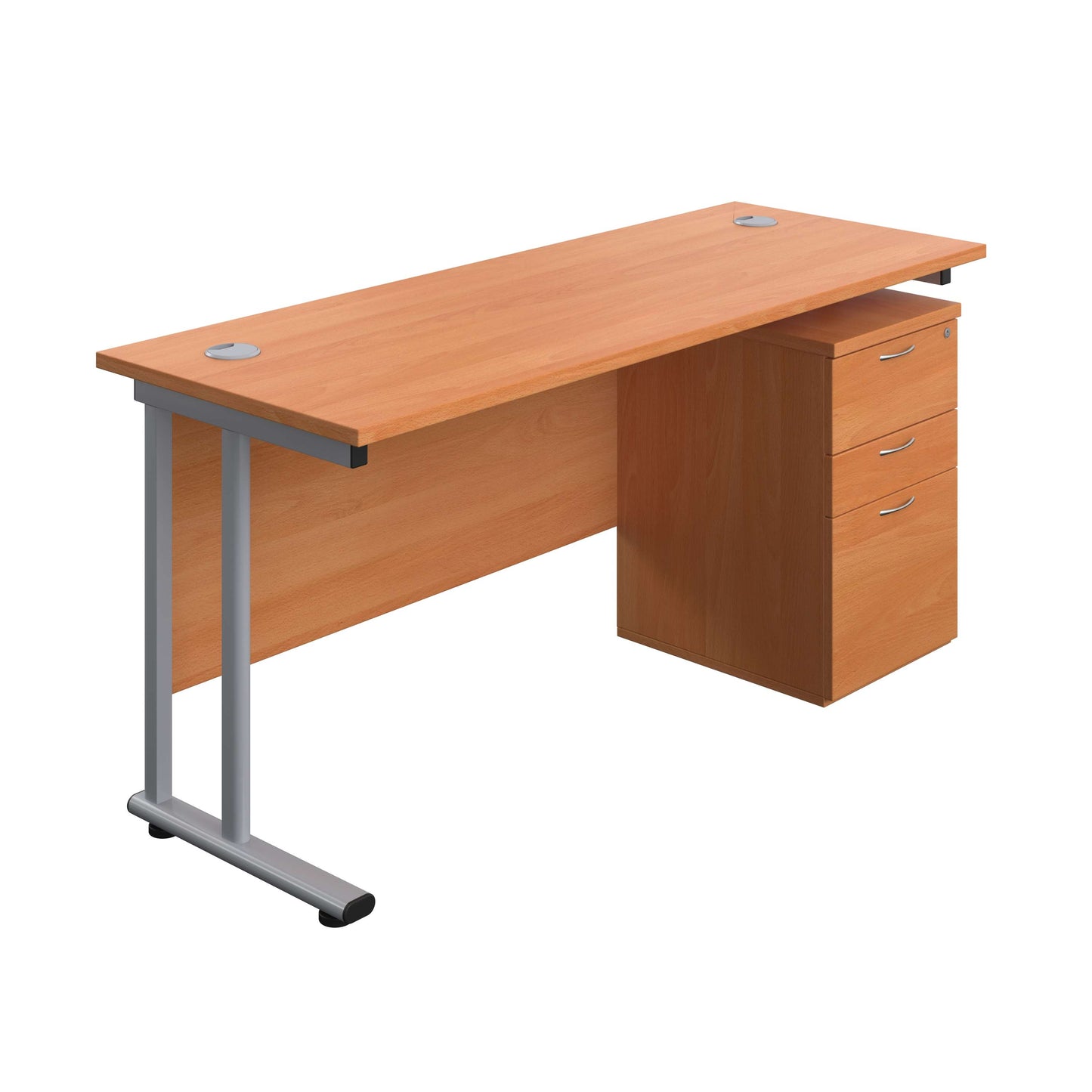 Twin Upright Rectangular Desk + High Mobile Pedestal 3 Drawer (FSC) | 1600X600 | Beech/Silver