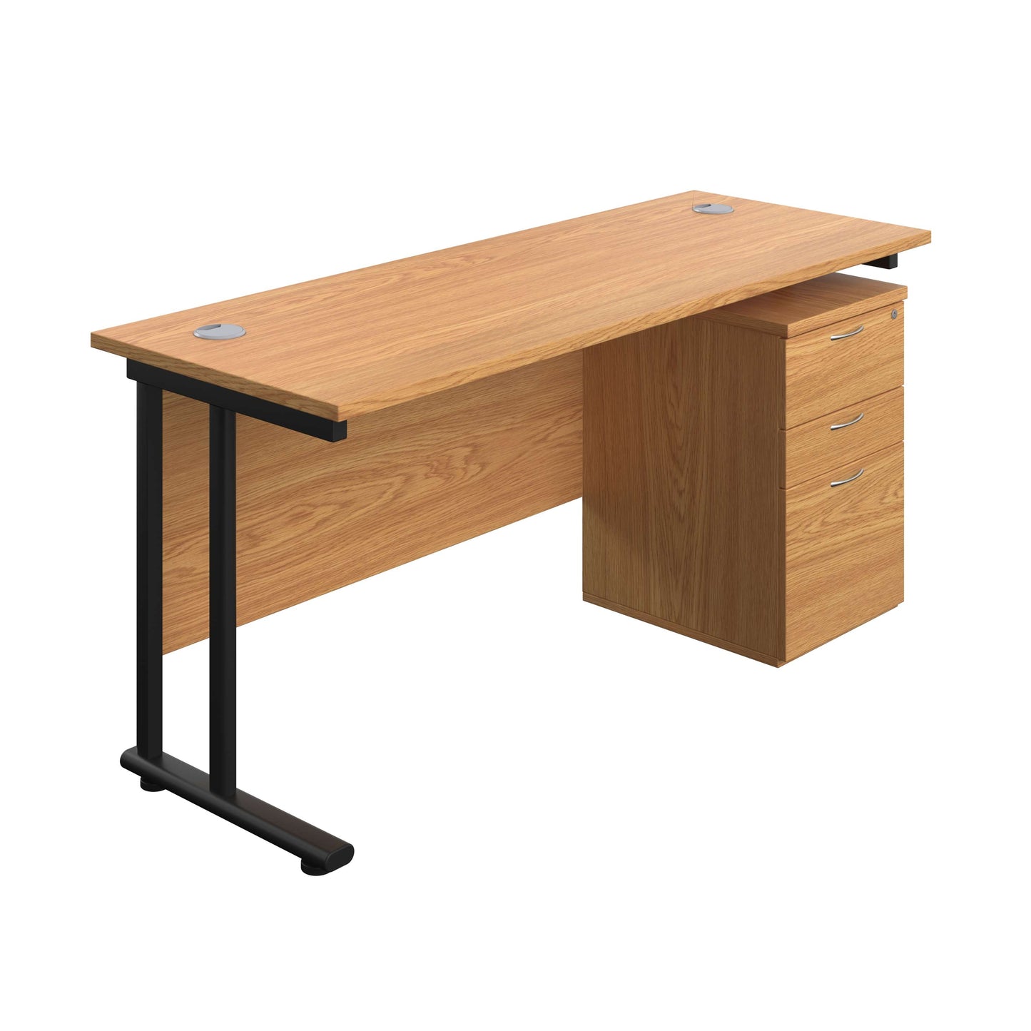 Twin Upright Rectangular Desk + High Mobile Pedestal 3 Drawer (FSC) | 1600X600 | Nova Oak/Black