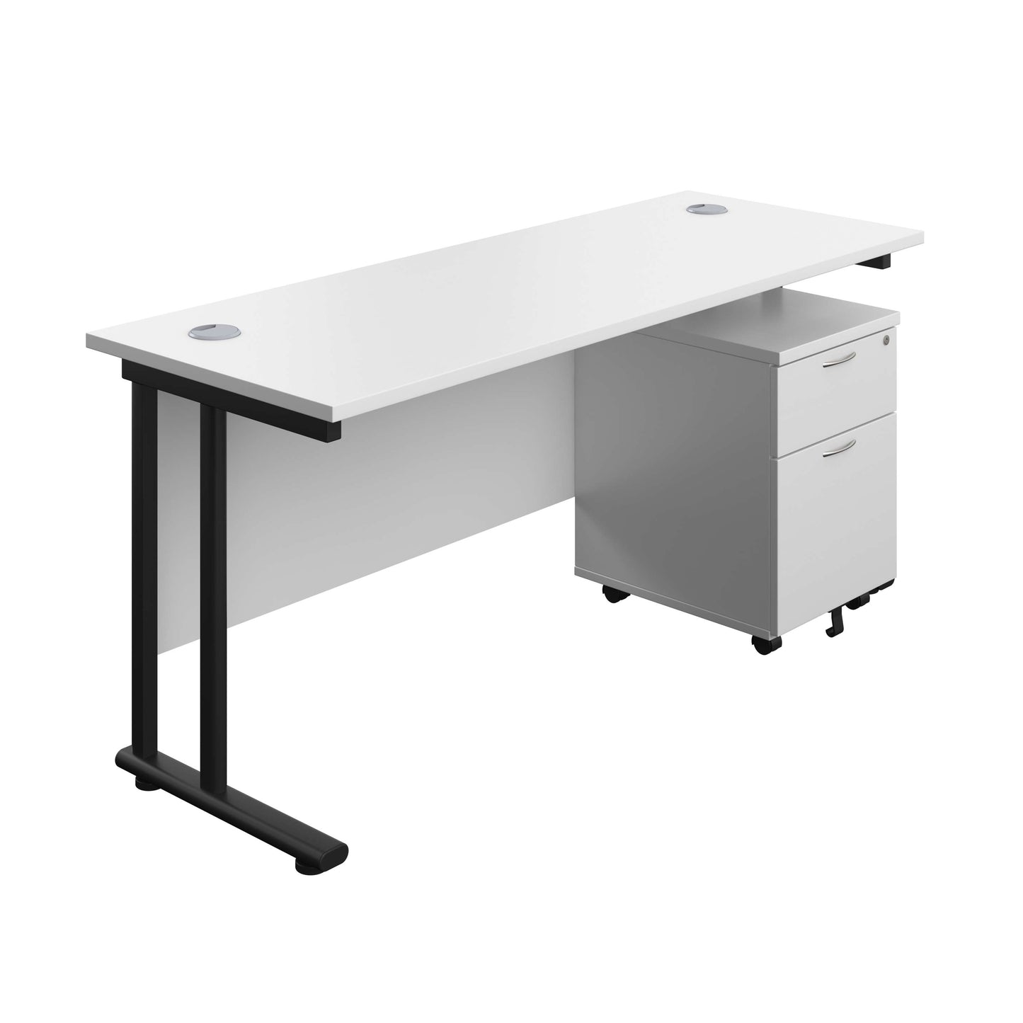 Twin Upright Rectangular Desk + Mobile 2 Drawer Pedestal (FSC) | 1600X600 | White/Black