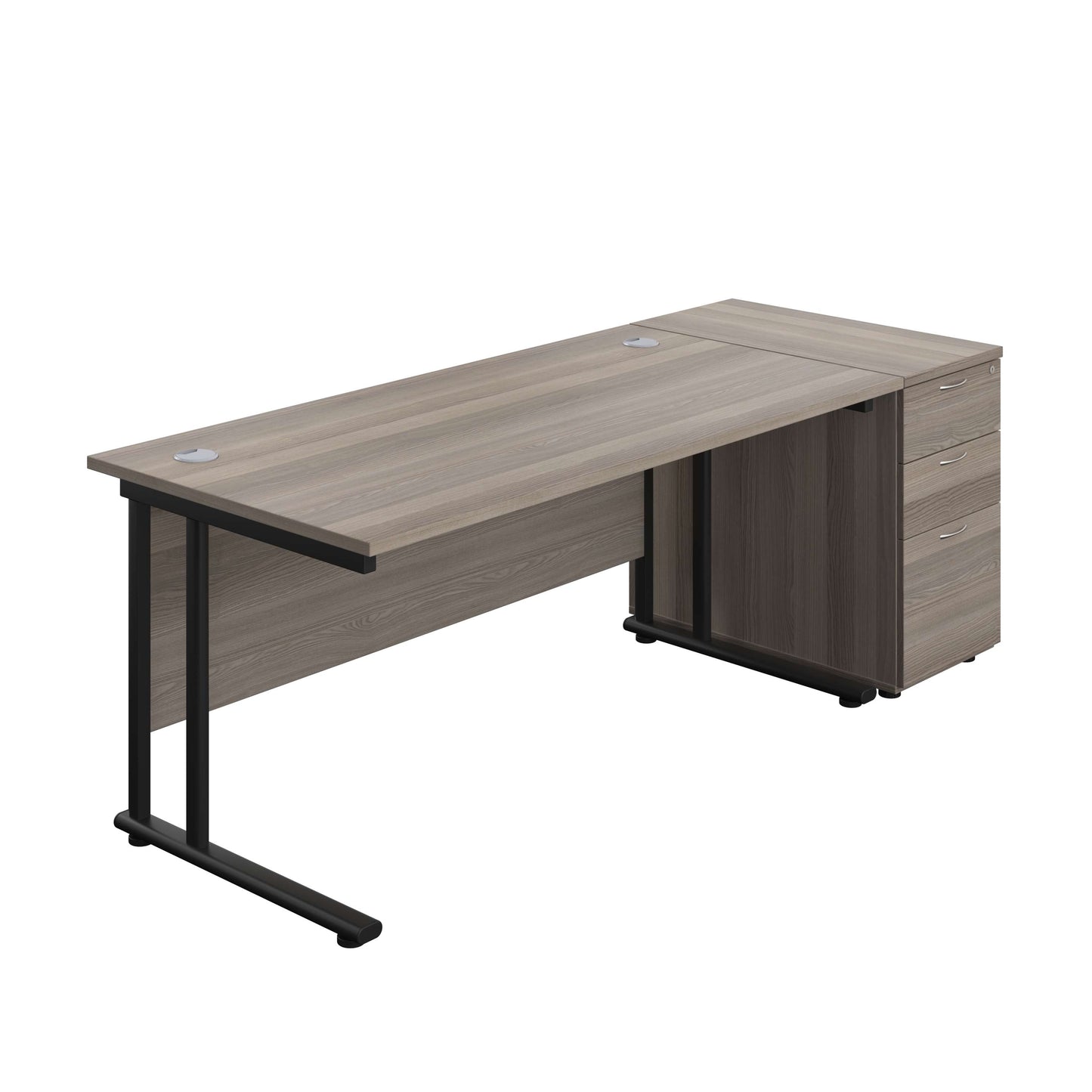 Twin Upright Rectangular Desk + Desk High 3 Drawer Pedestal (FSC) | 1600X800 | Grey Oak/Black