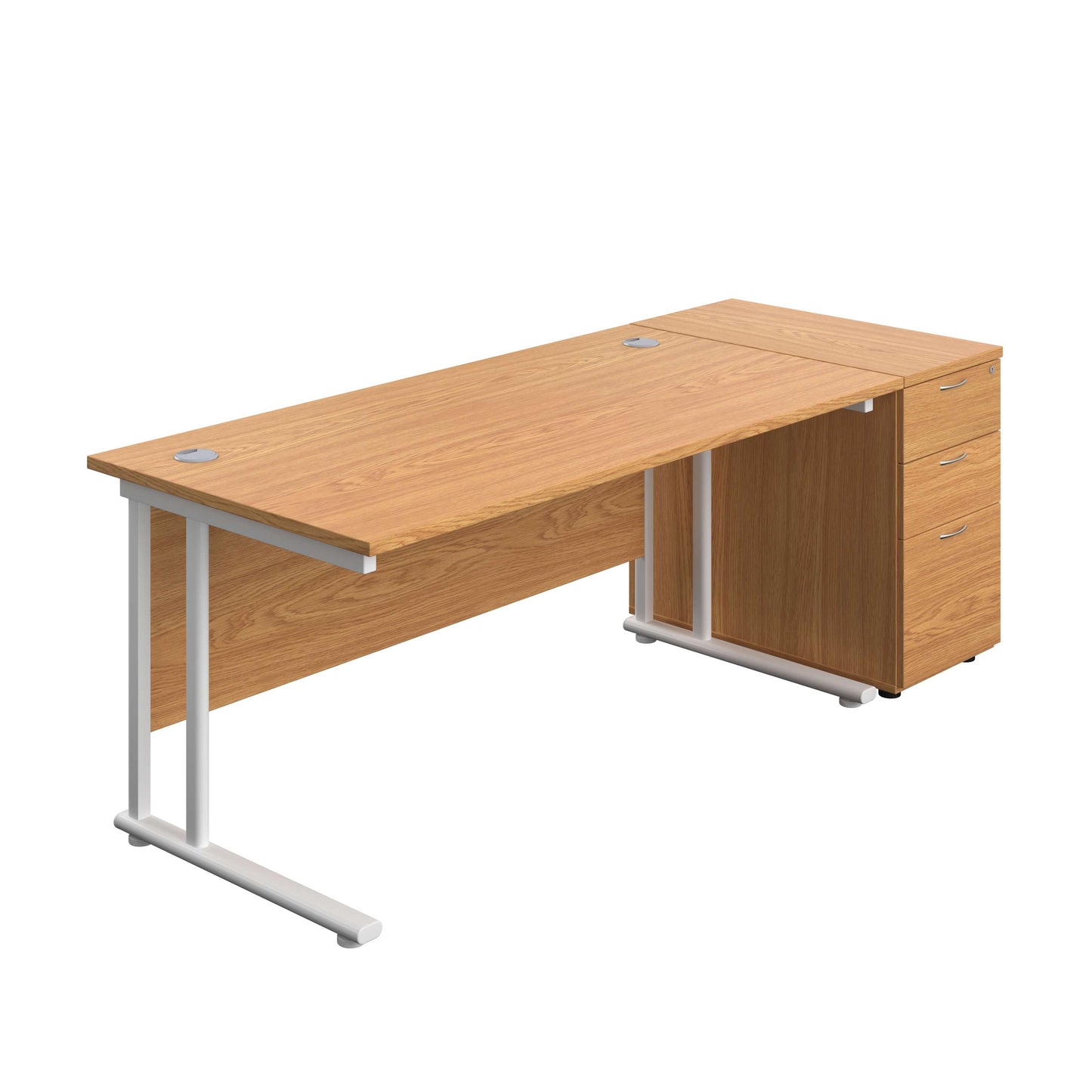 Twin Upright Rectangular Desk + Desk High 3 Drawer Pedestal (FSC) | 1600X800 | Nova Oak/White