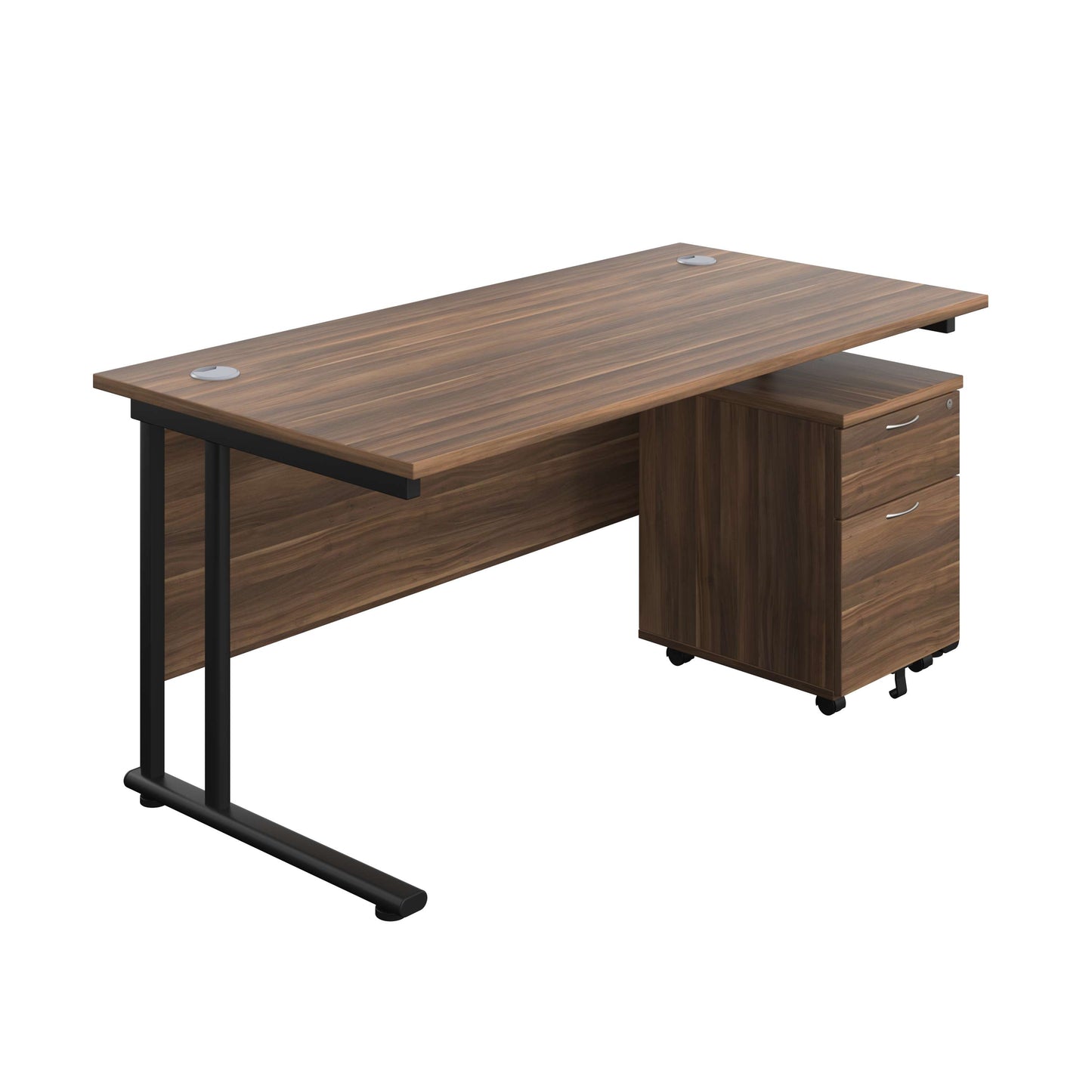 Twin Upright Rectangular Desk + Mobile 2 Drawer Pedestal (FSC) | 1600X800 | Dark Walnut/Black