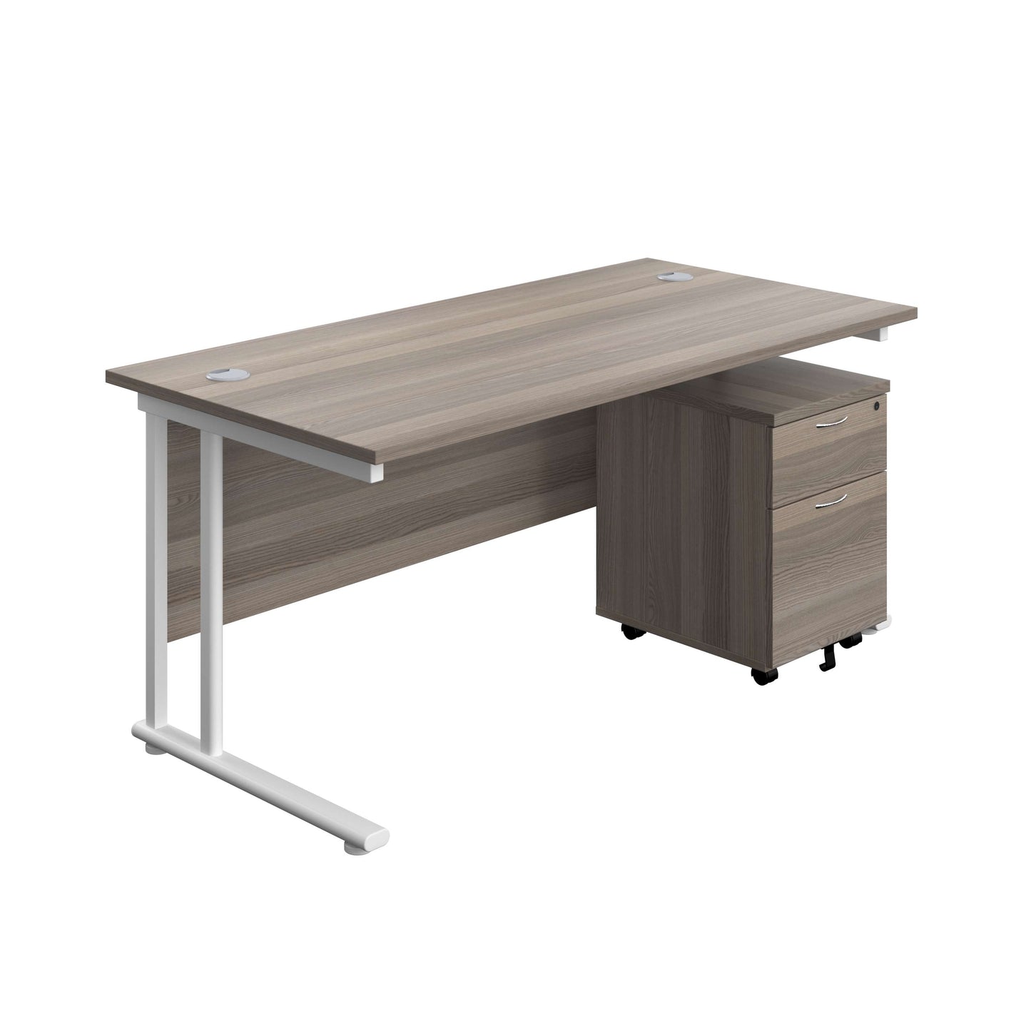 Twin Upright Rectangular Desk + Mobile 2 Drawer Pedestal (FSC) | 1600X800 | Grey Oak/White