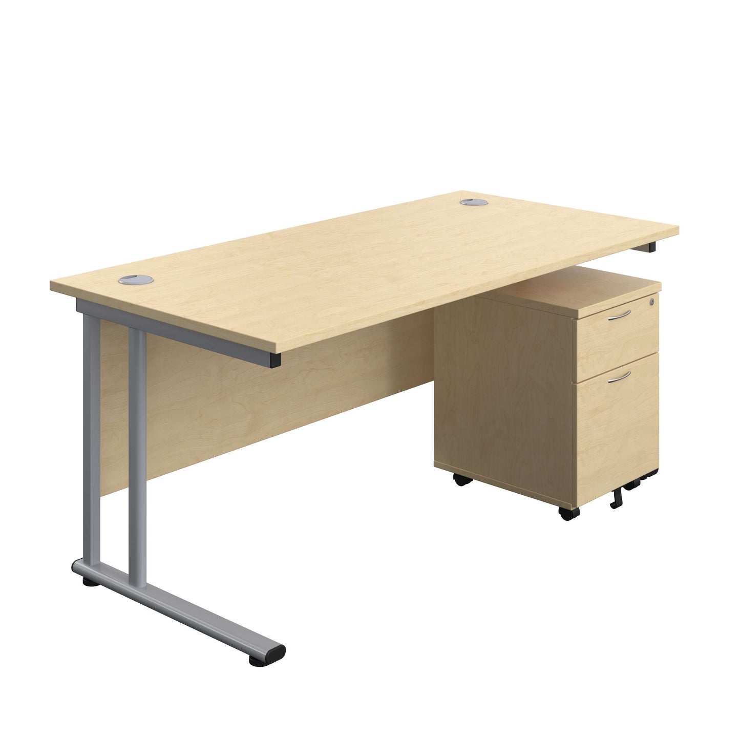 Twin Upright Rectangular Desk + Mobile 2 Drawer Pedestal (FSC) | 1600X800 | Maple/Silver