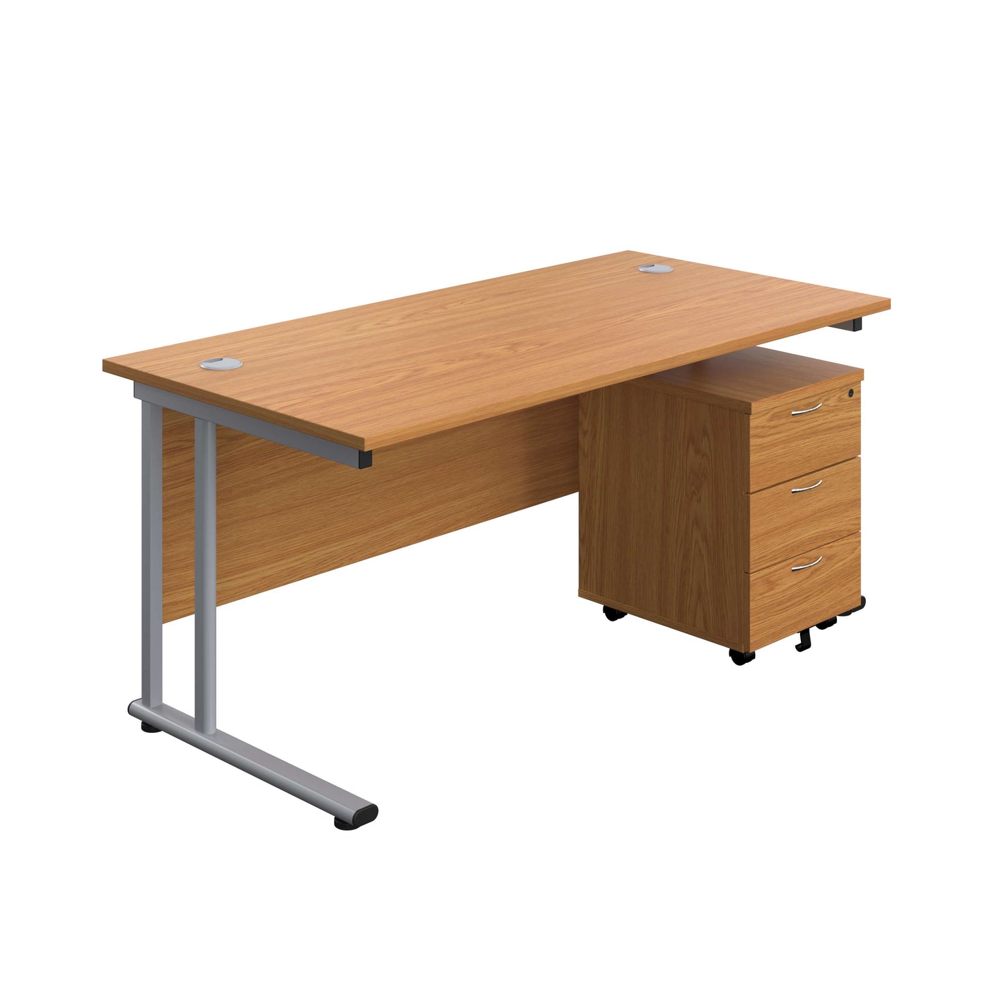 Twin Upright Rectangular Desk + Mobile 3 Drawer Pedestal (FSC) | 1600X800 | Nova Oak/Silver