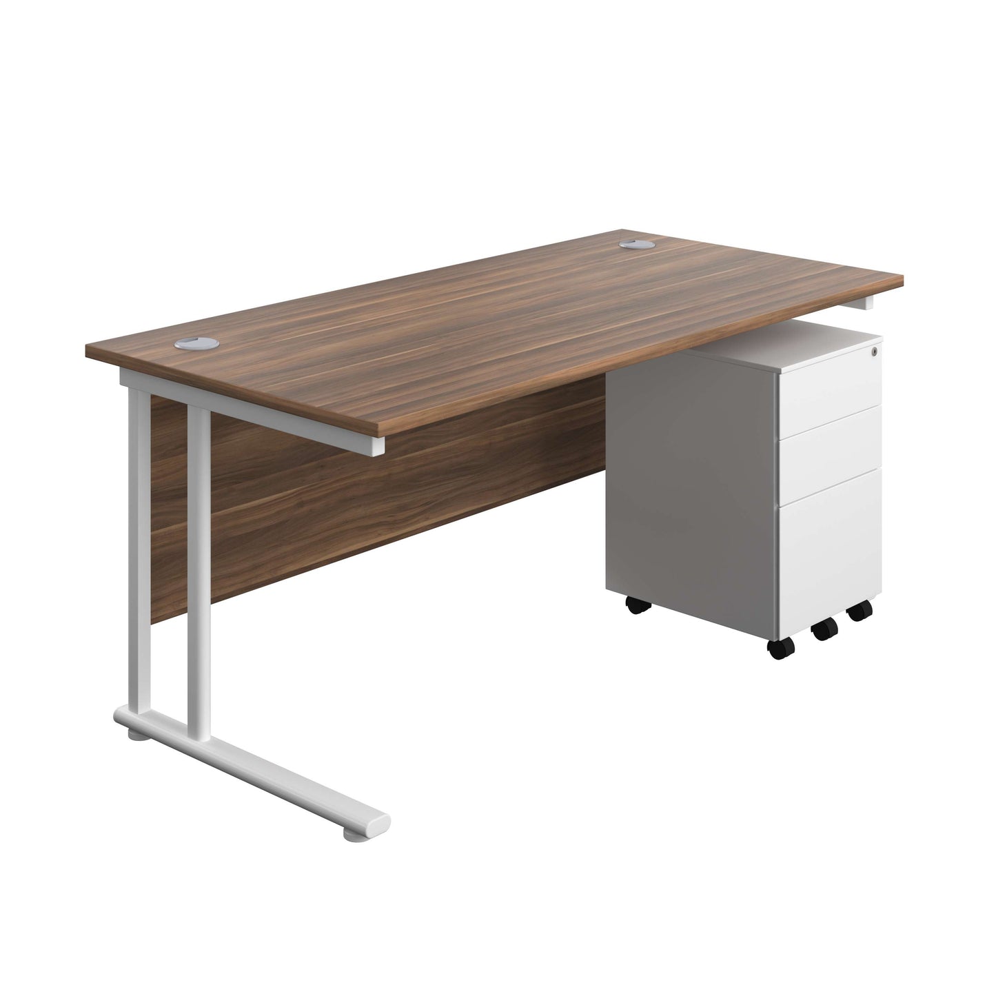 Twin Upright Rectangular Desk + Under Desk Steel Pedestal 3 Drawers (FSC) | 1600X800 | Dark Walnut/White