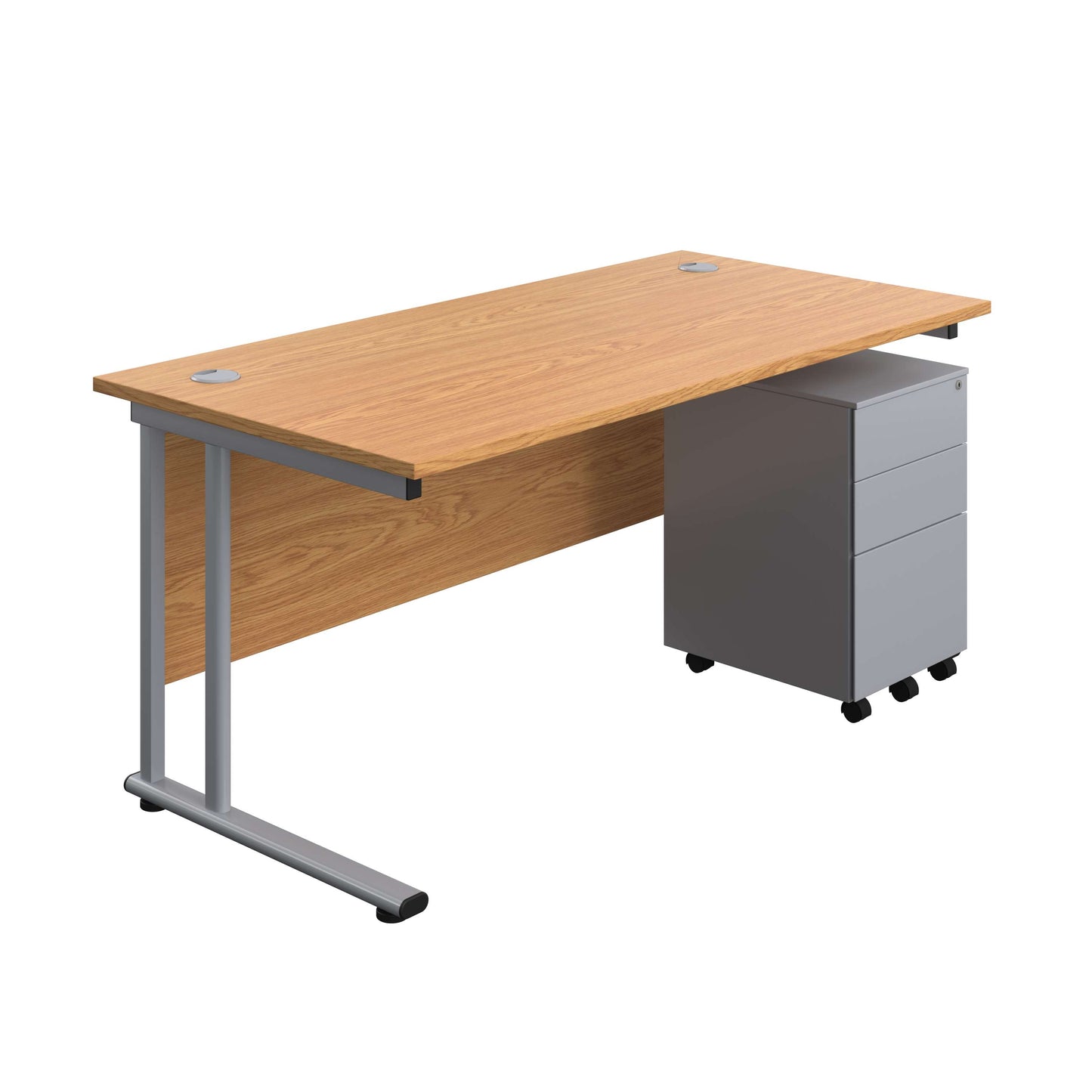 Twin Upright Rectangular Desk + Under Desk Steel Pedestal 3 Drawers (FSC) | 1600X800 | Nova Oak/Silver