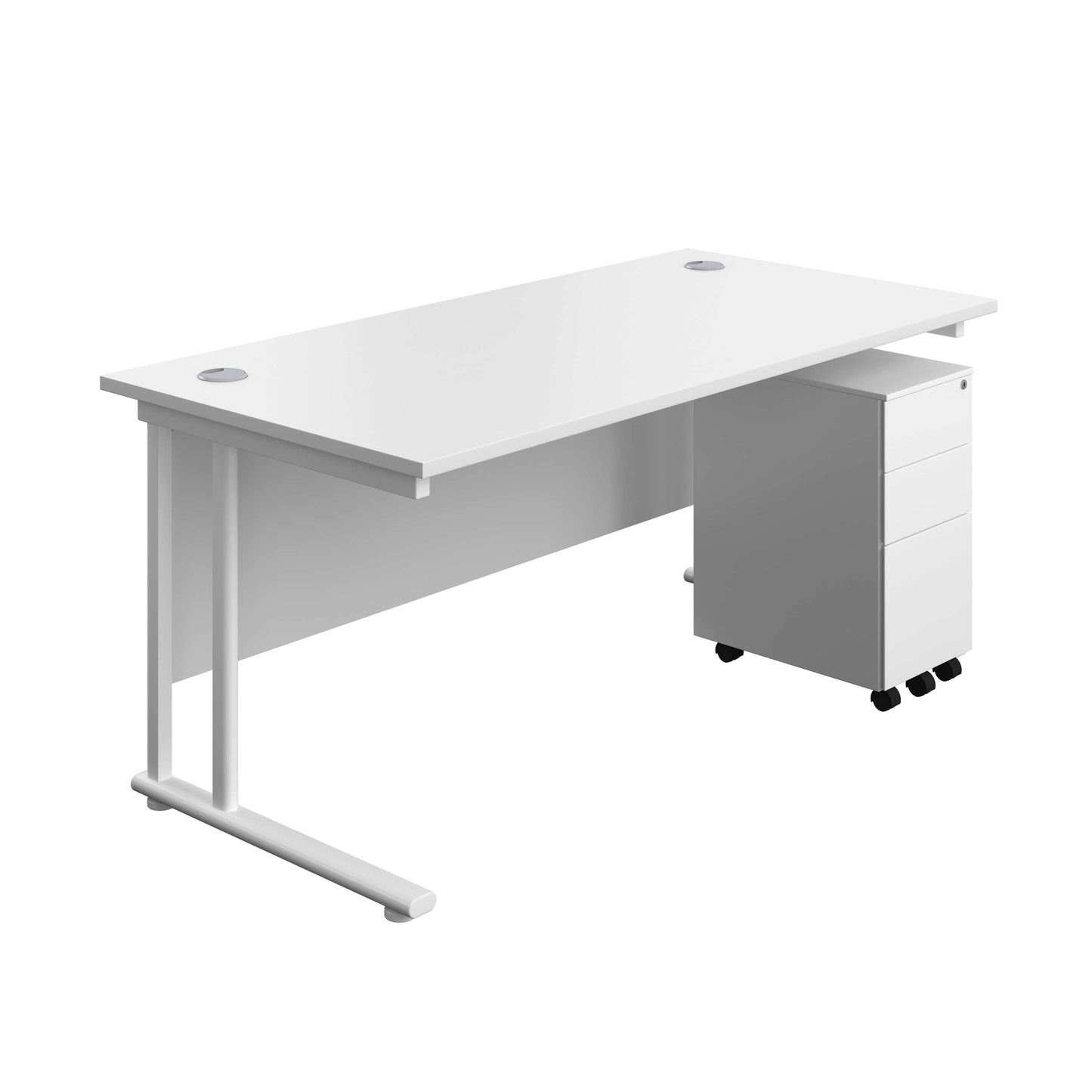 Twin Upright Rectangular Desk + Slimline Steel Pedestal 3 Drawers (FSC) | 1600X800 | White/White