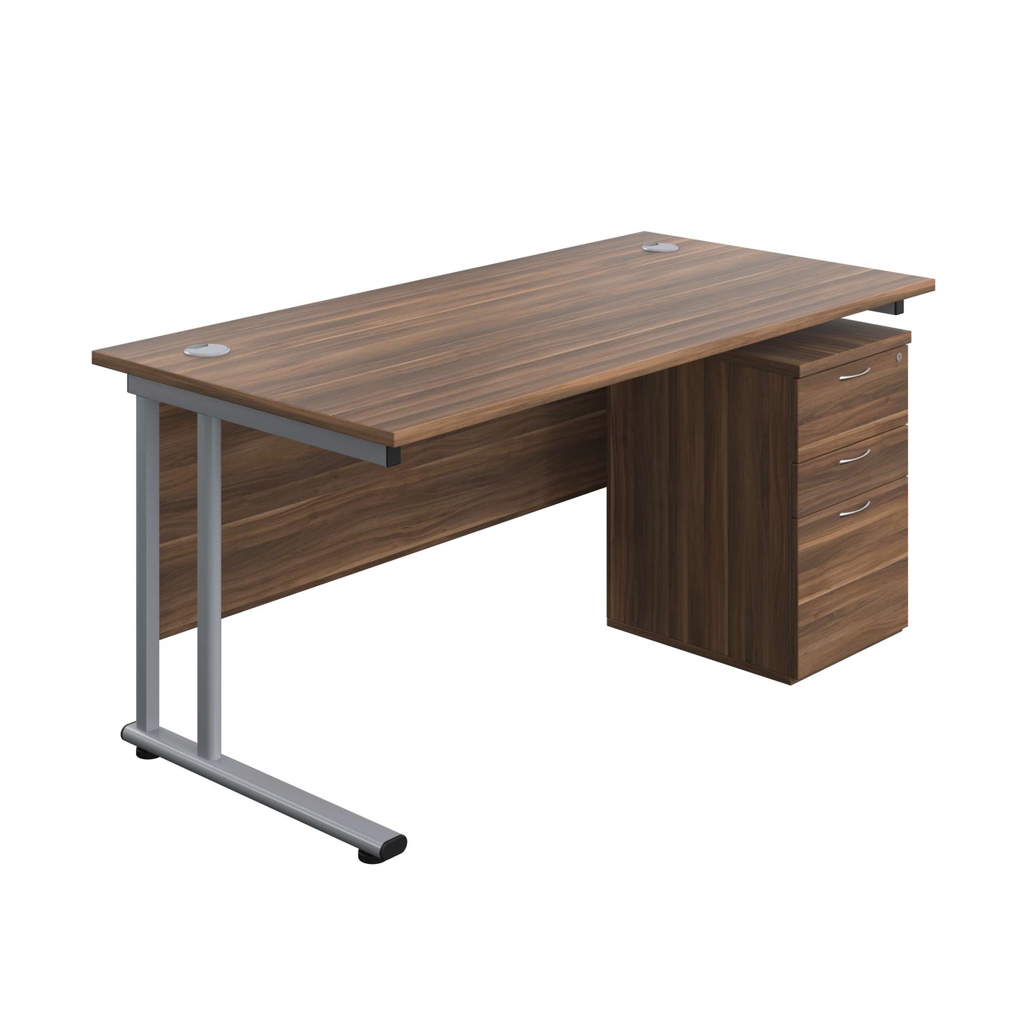 Twin Upright Rectangular Desk + High Mobile Pedestal 3 Drawer (FSC) | 1600X800 | Dark Walnut/Silver