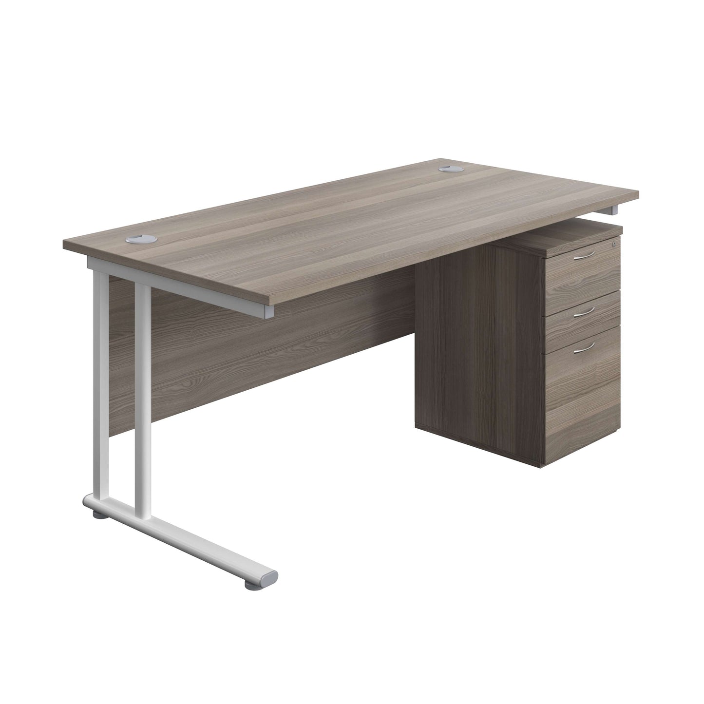 Twin Upright Rectangular Desk + High Mobile Pedestal 3 Drawer (FSC) | 1600X800 | Grey Oak/White