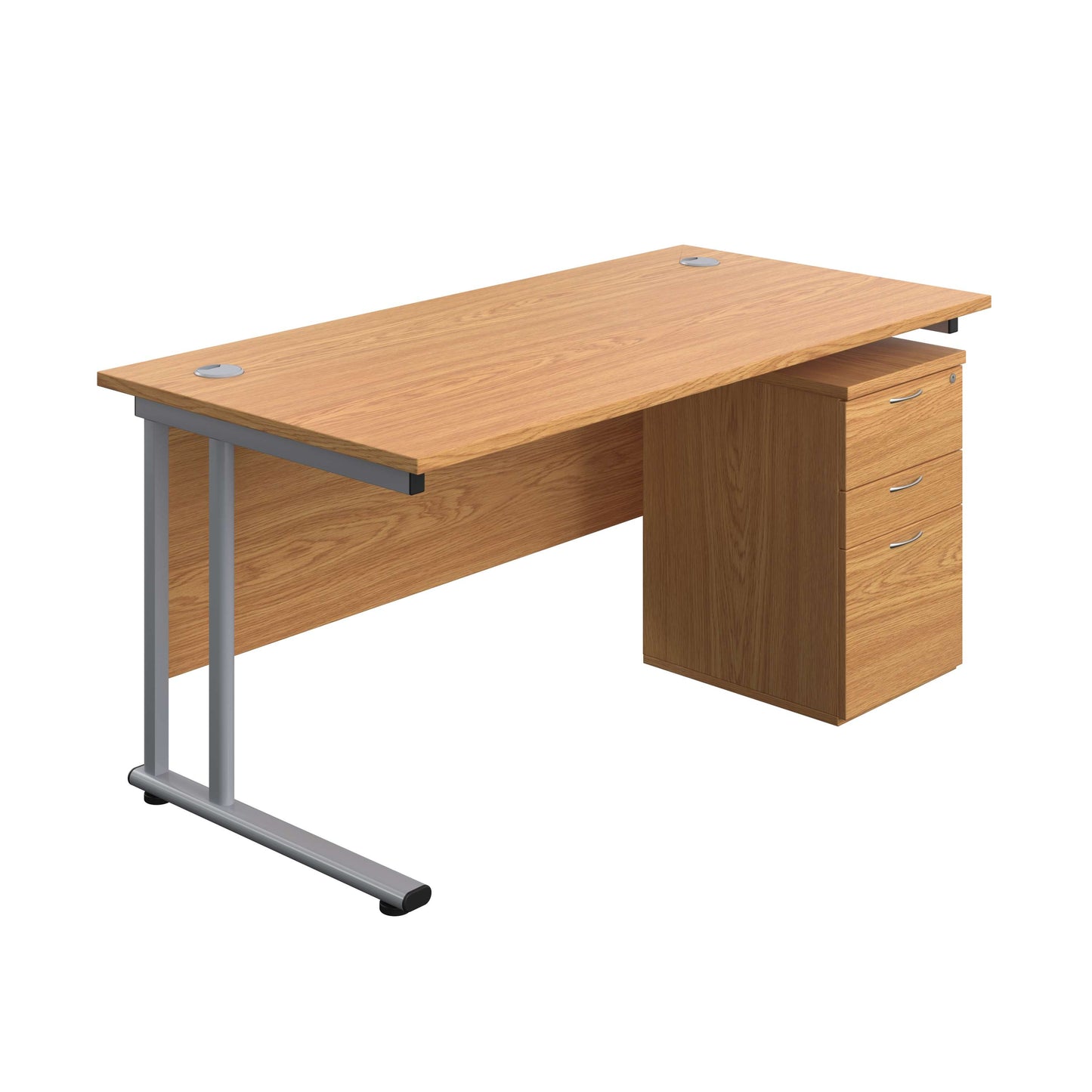 Twin Upright Rectangular Desk + High Mobile Pedestal 3 Drawer (FSC) | 1600X800 | Nova Oak/Silver