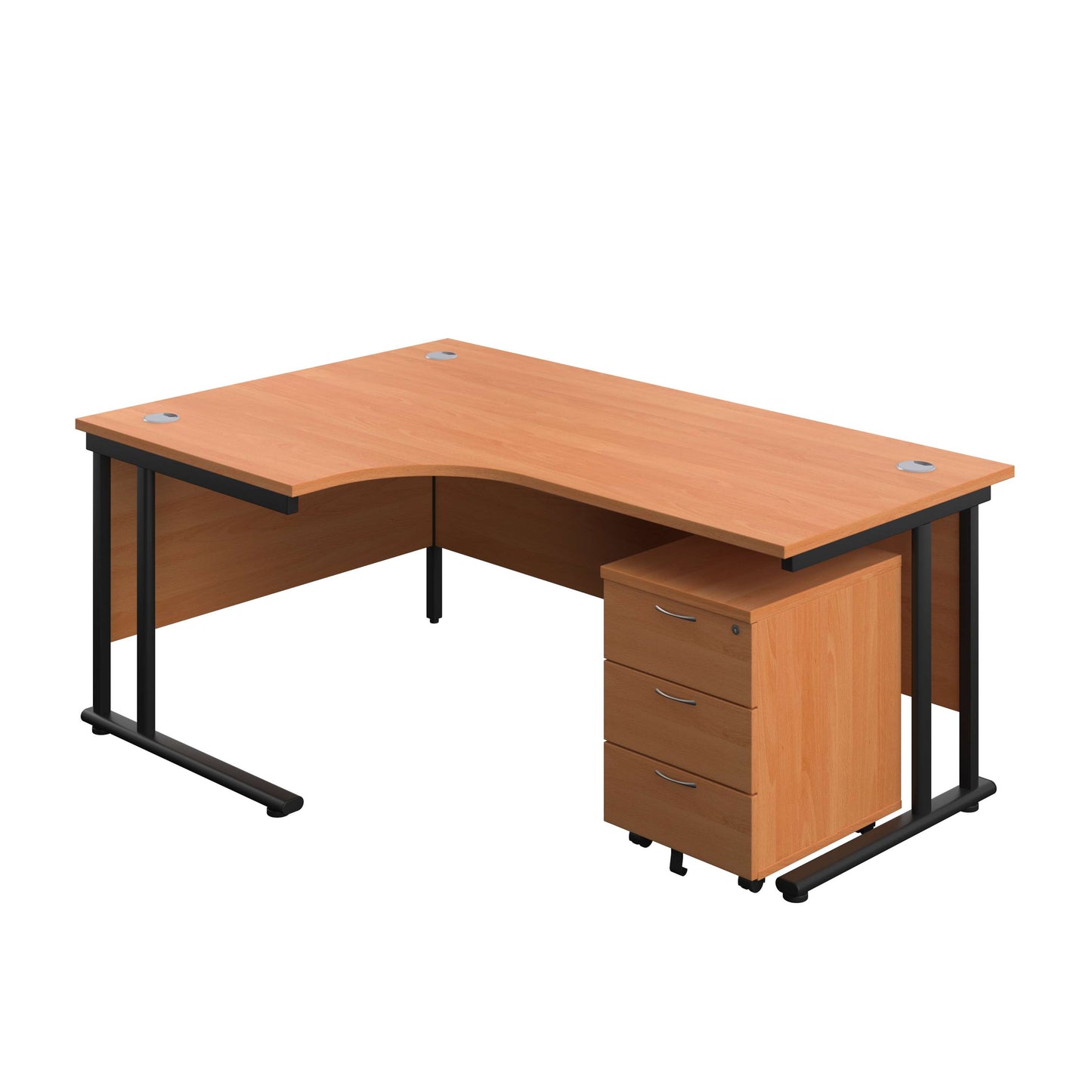 Twin Upright Left Hand Radial Desk + Mobile 3 Drawer Pedestal (FSC) | 1800X1200 | Beech/Black