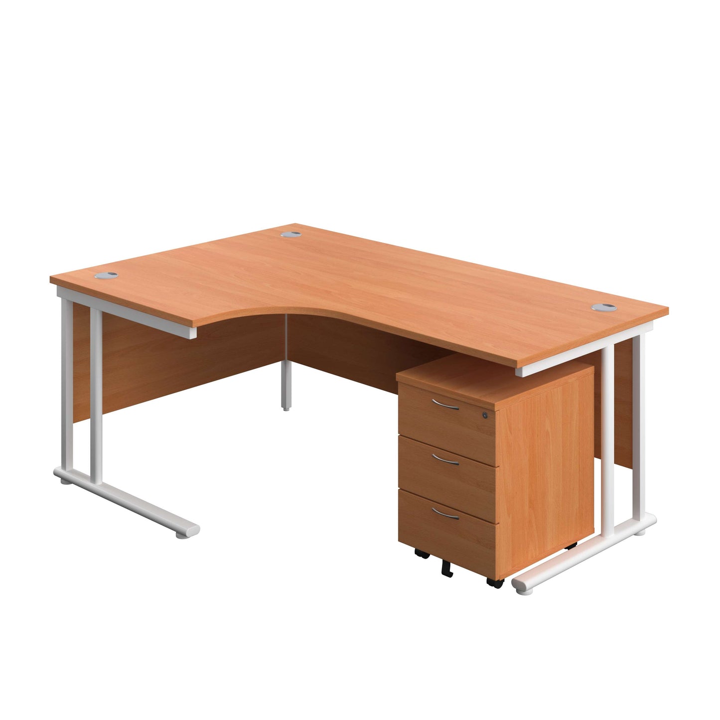 Twin Upright Left Hand Radial Desk + Mobile 3 Drawer Pedestal (FSC) | 1800X1200 | Beech/White