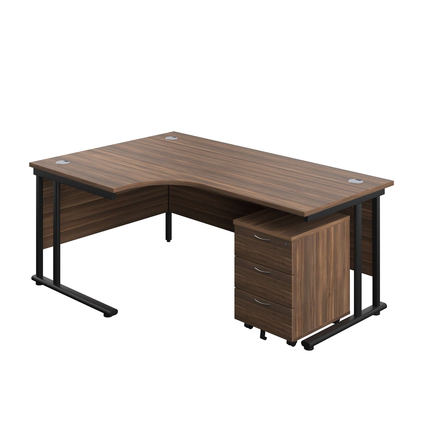 Twin Upright Left Hand Radial Desk + Mobile 3 Drawer Pedestal (FSC) | 1800X1200 | Dark Walnut/Black
