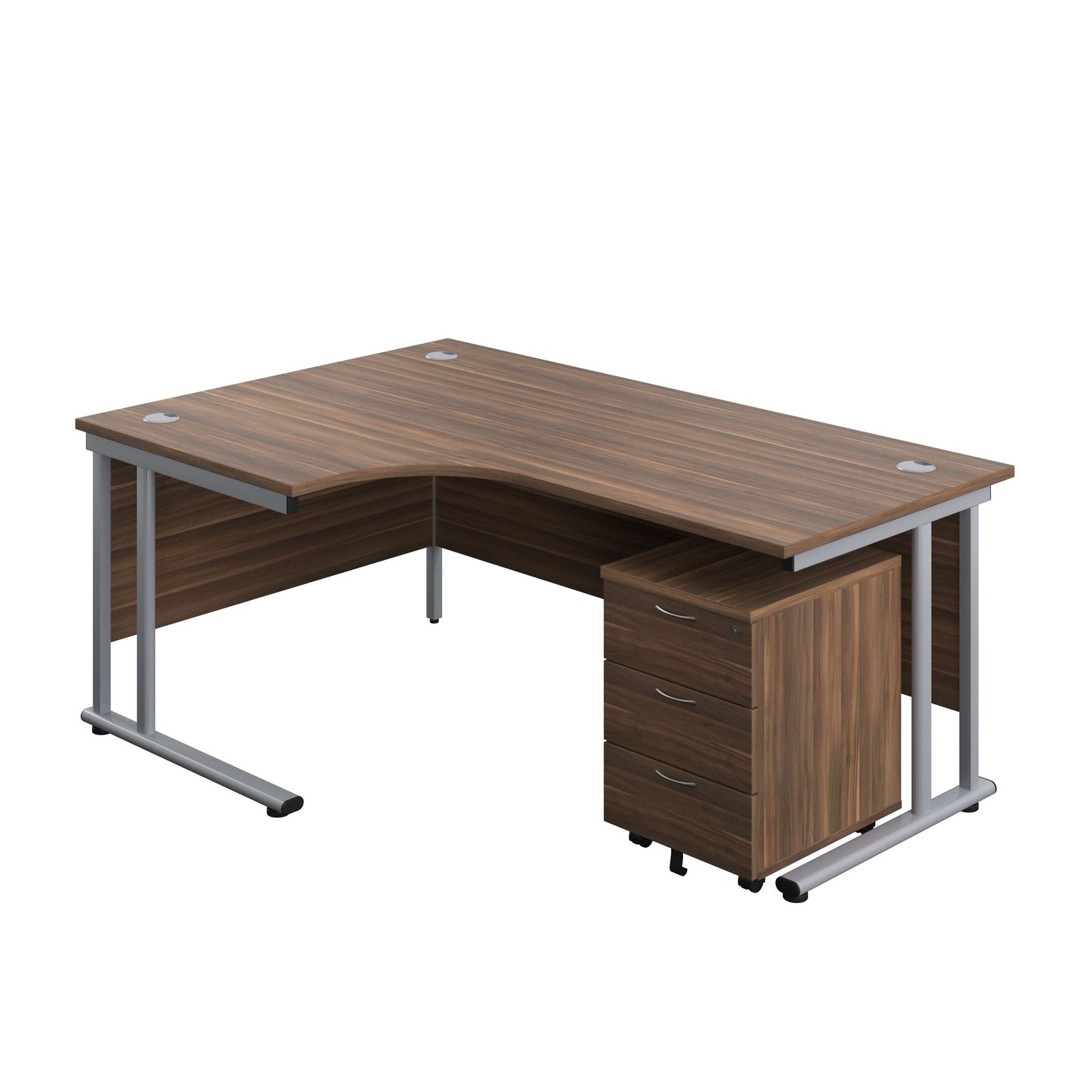 Twin Upright Left Hand Radial Desk + Mobile 3 Drawer Pedestal (FSC) | 1800X1200 | Dark Walnut/Silver