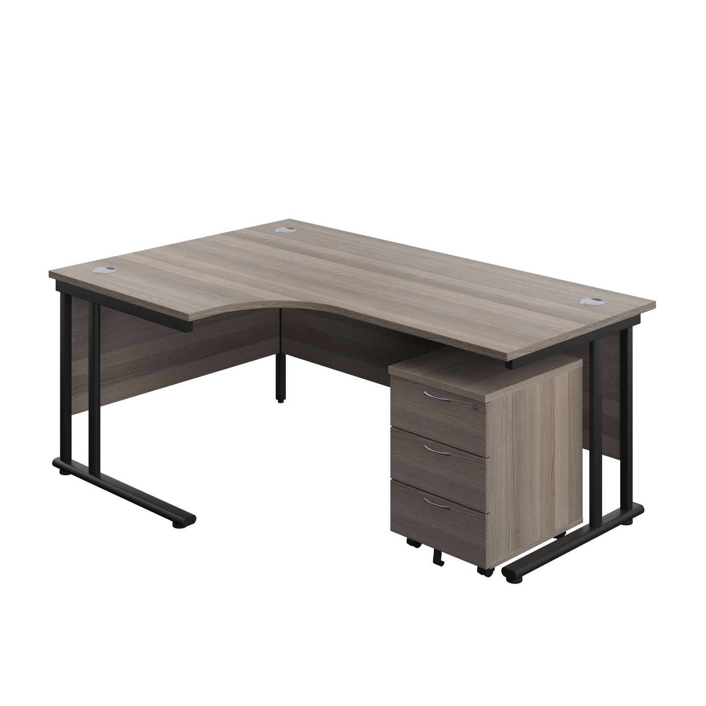 Twin Upright Left Hand Radial Desk + Mobile 3 Drawer Pedestal (FSC) | 1800X1200 | Grey Oak/Black