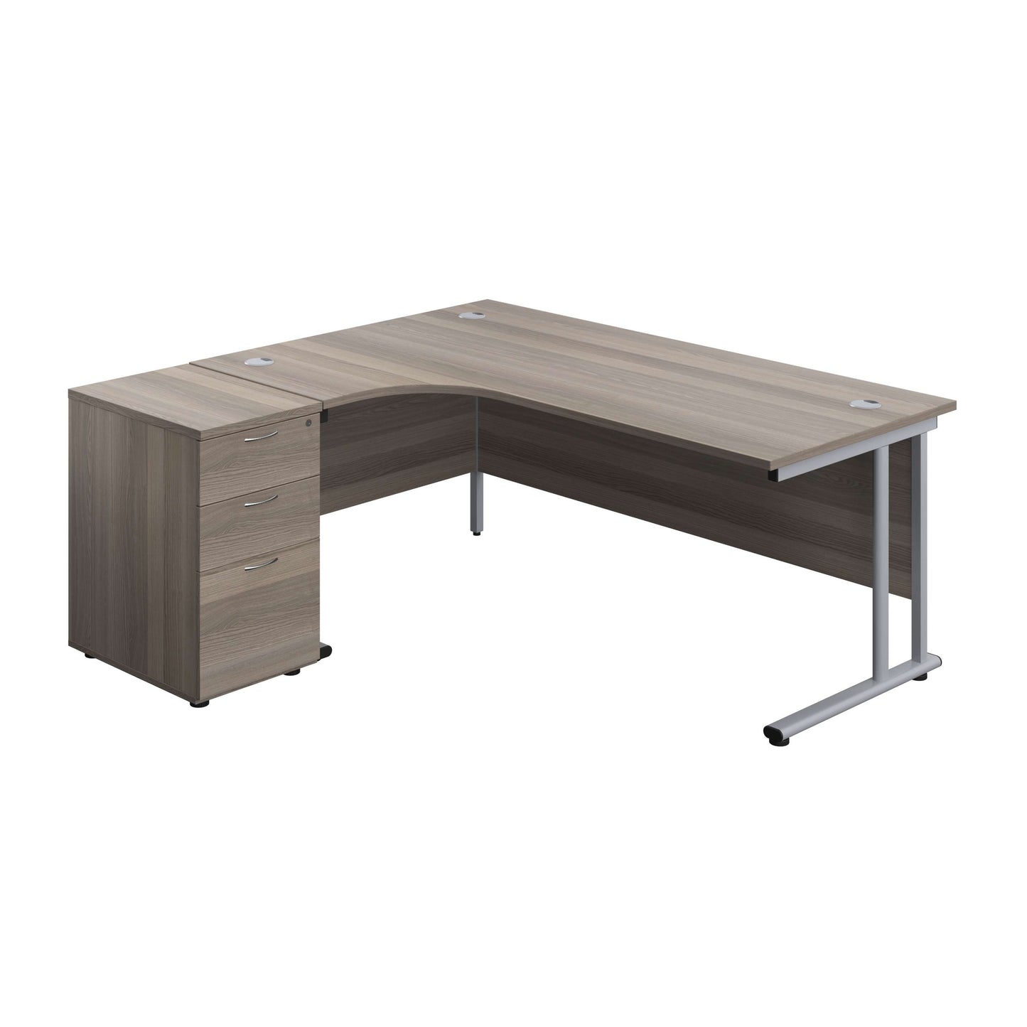 Twin Upright Left Hand Radial Desk + Desk High 3 Drawer Pedestal (FSC) | 1800X1200 | 600mm Deep Pedestal | Grey Oak/Silver