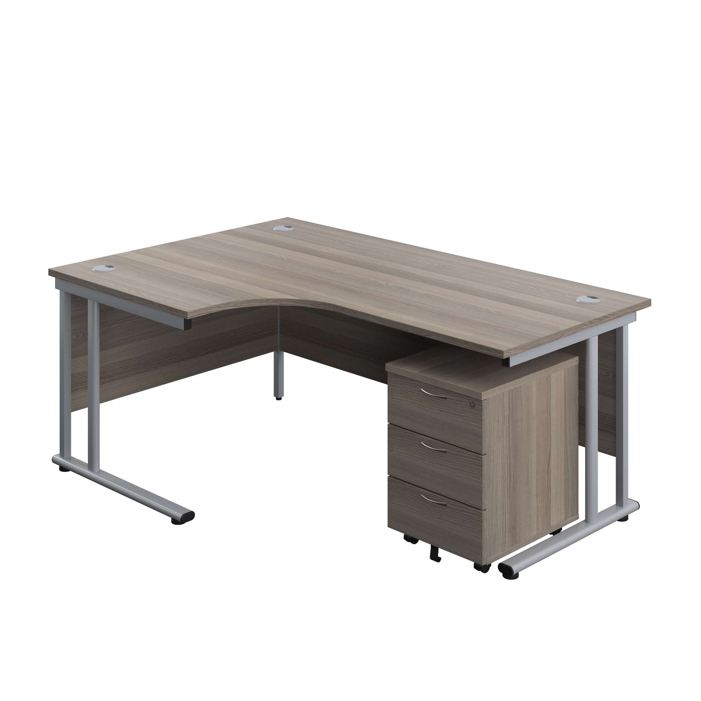 Twin Upright Left Hand Radial Desk + Mobile 3 Drawer Pedestal (FSC) | 1800X1200 | Grey Oak/Silver