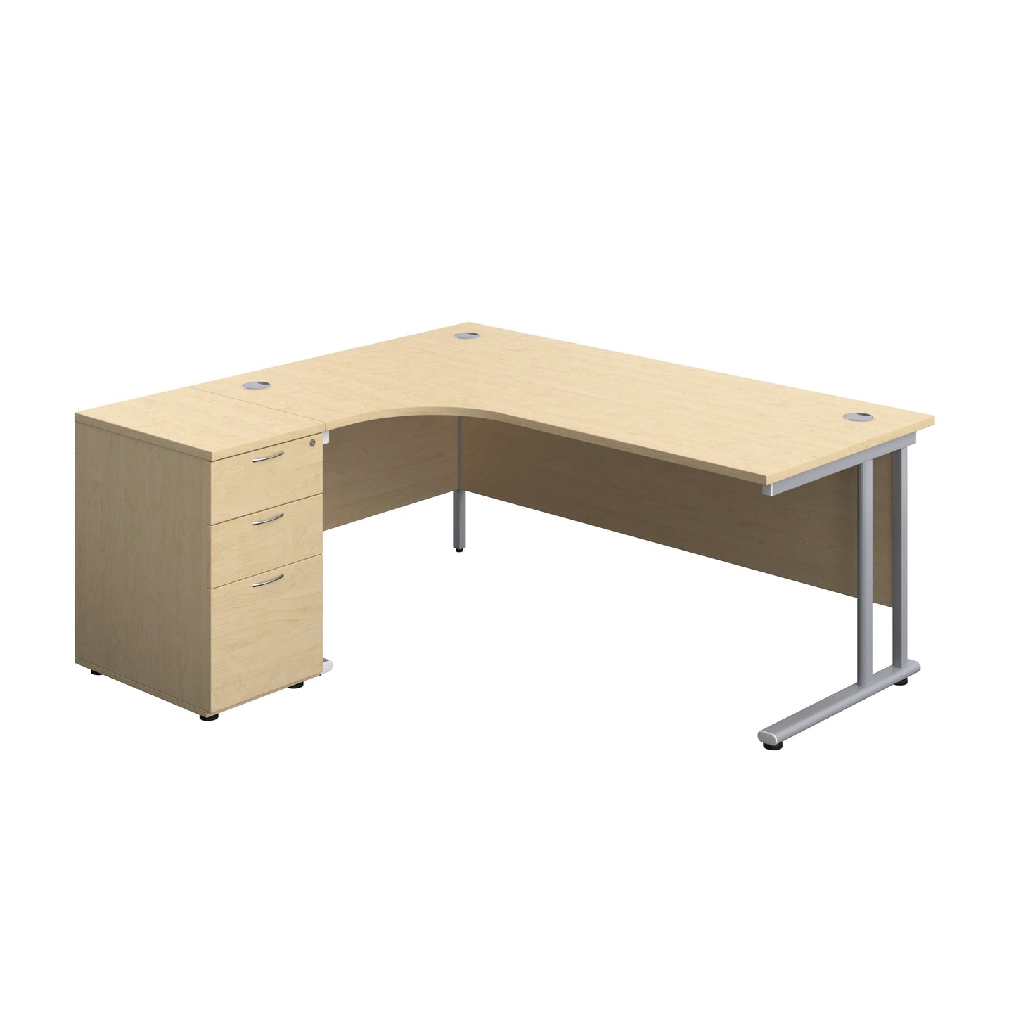 Twin Upright Left Hand Radial Desk + Desk High 3 Drawer Pedestal (FSC) | 1800X1200 | 600mm Deep Pedestal | Maple/Silver