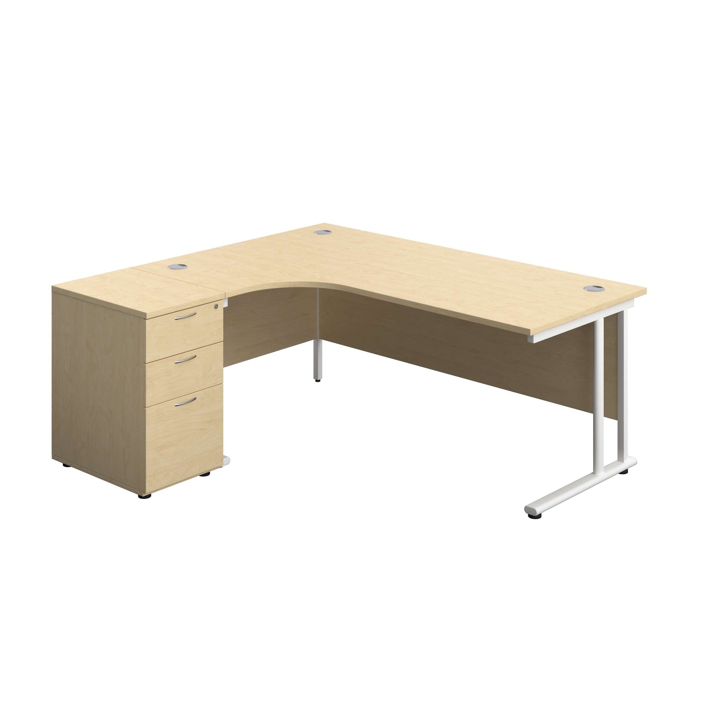 Twin Upright Left Hand Radial Desk + Desk High 3 Drawer Pedestal (FSC) | 1800X1200 | 600mm Deep Pedestal | Maple/White