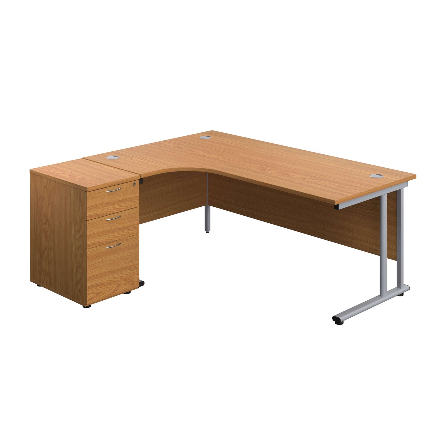 Twin Upright Left Hand Radial Desk + Desk High 3 Drawer Pedestal (FSC) | 1800X1200 | 600mm Deep Pedestal | Nova Oak/Silver