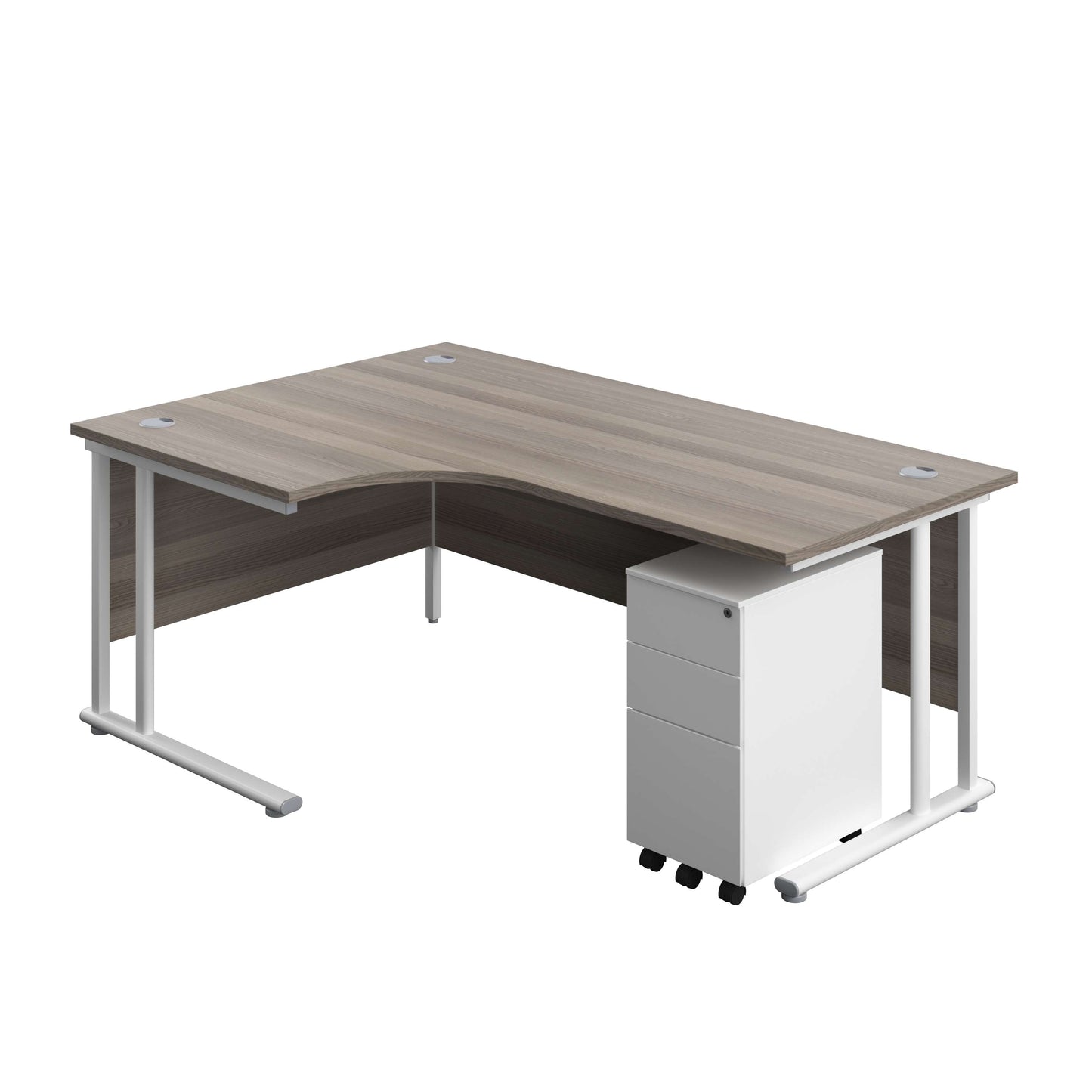 Twin Upright Left Hand Radial Desk + Slimline Steel Pedestal 3 Drawers (FSC) | 1800X1200 | Grey Oak/White