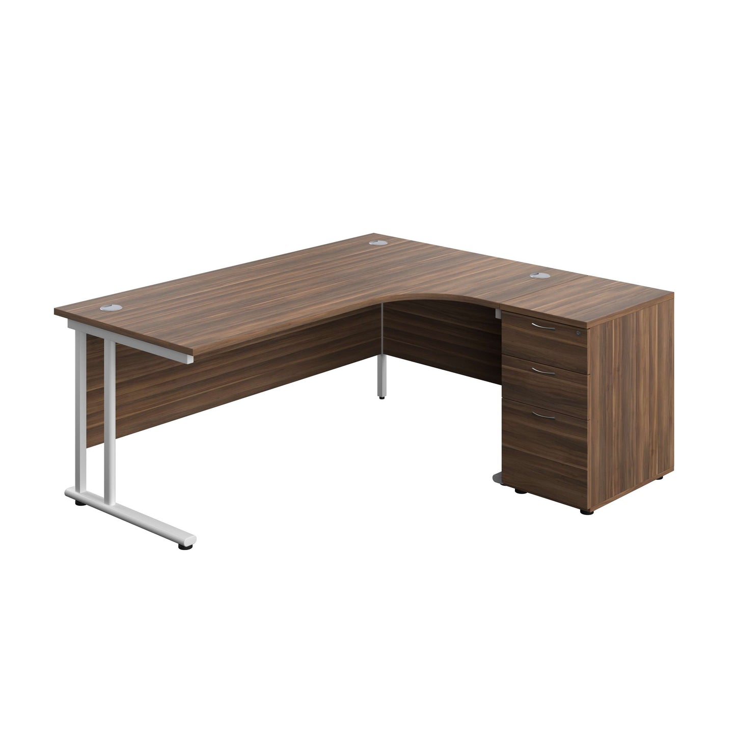 Twin Upright Right Hand Radial Desk + Desk High 3 Drawer Pedestal (FSC) | 1800X1200 | 600mm Deep Pedestal | Dark Walnut/White