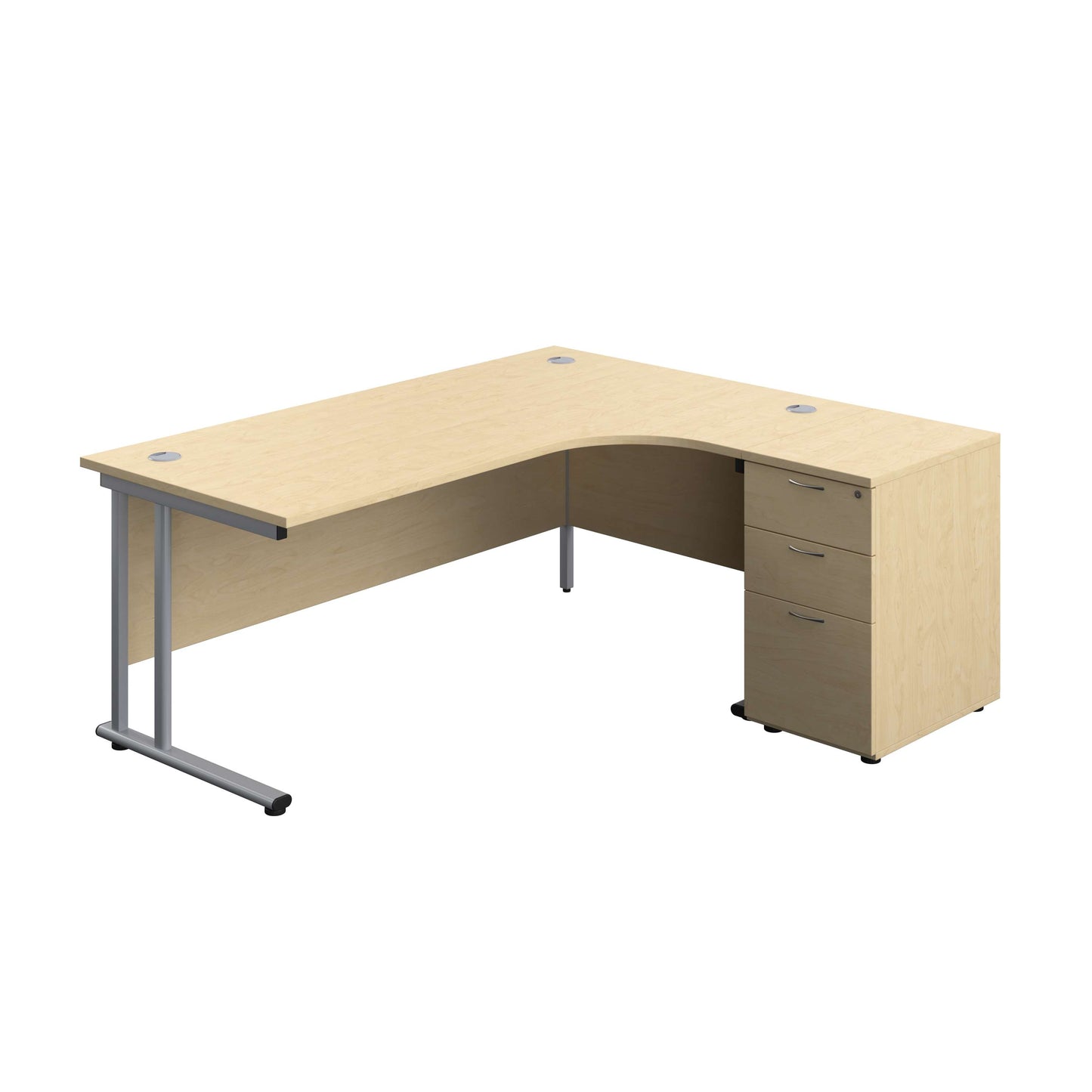 Twin Upright Right Hand Radial Desk + Desk High 3 Drawer Pedestal (FSC) | 1800X1200 | 600mm Deep Pedestal | Maple/Silver
