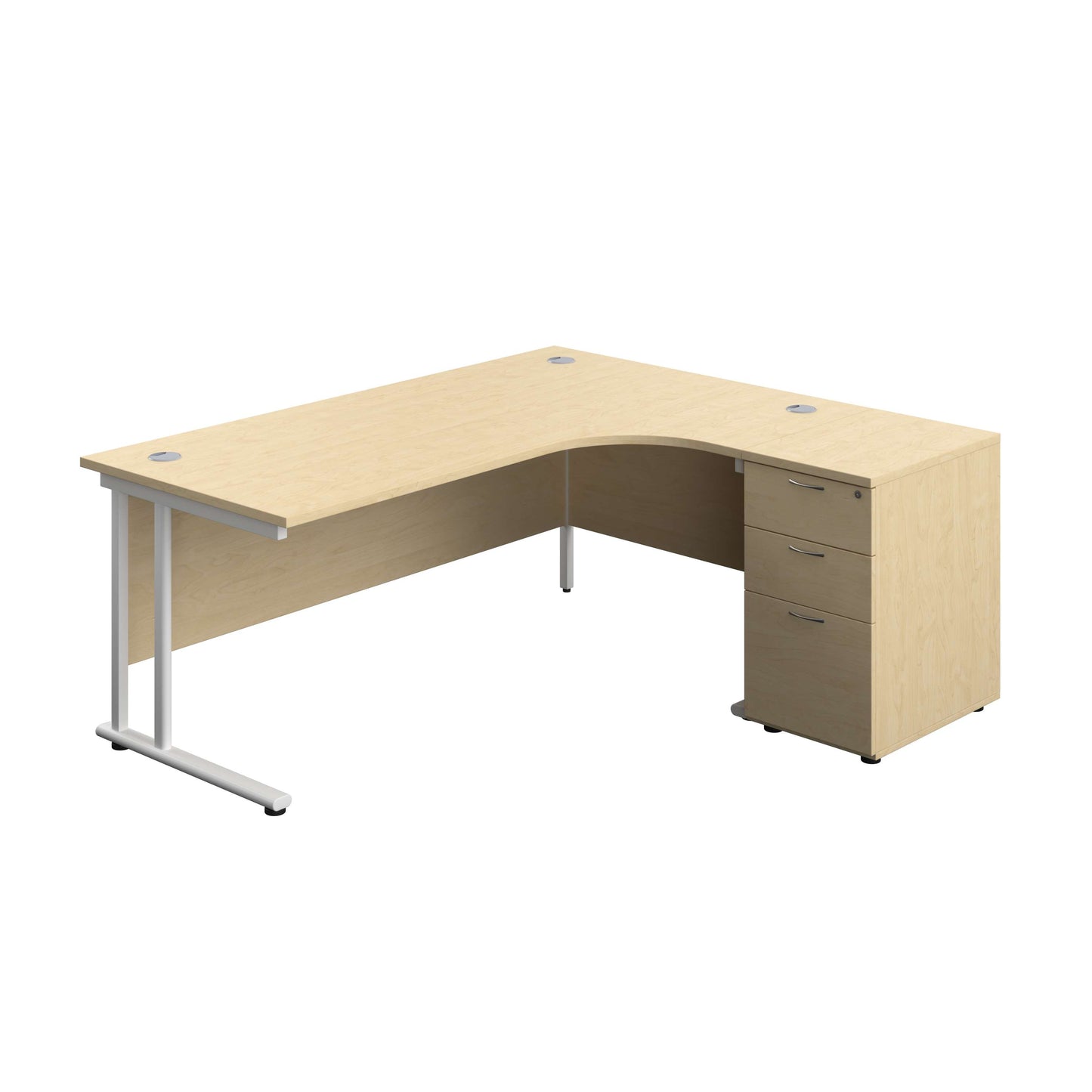 Twin Upright Right Hand Radial Desk + Desk High 3 Drawer Pedestal (FSC) | 1800X1200 | 600mm Deep Pedestal | Maple/White