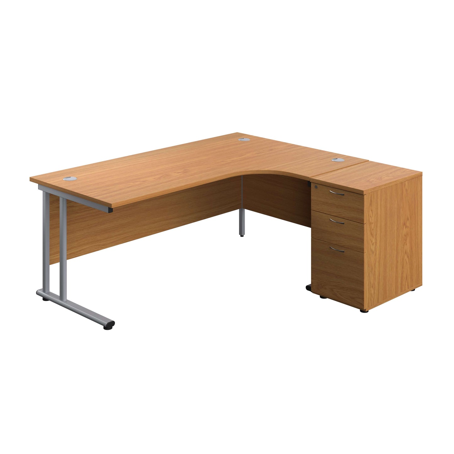Twin Upright Right Hand Radial Desk + Desk High 3 Drawer Pedestal (FSC) | 1800X1200 | 600mm Deep Pedestal | Nova Oak/Silver