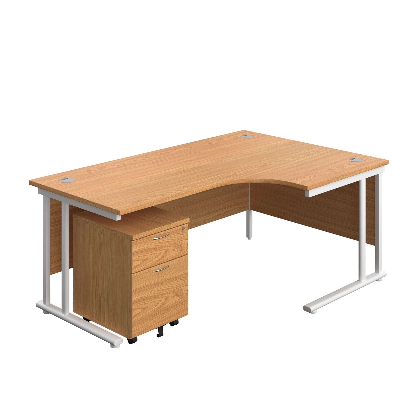 Twin Upright Right Hand Radial Desk + Mobile 2 Drawer Pedestal (FSC) | 1800X1200 | Nova Oak/White