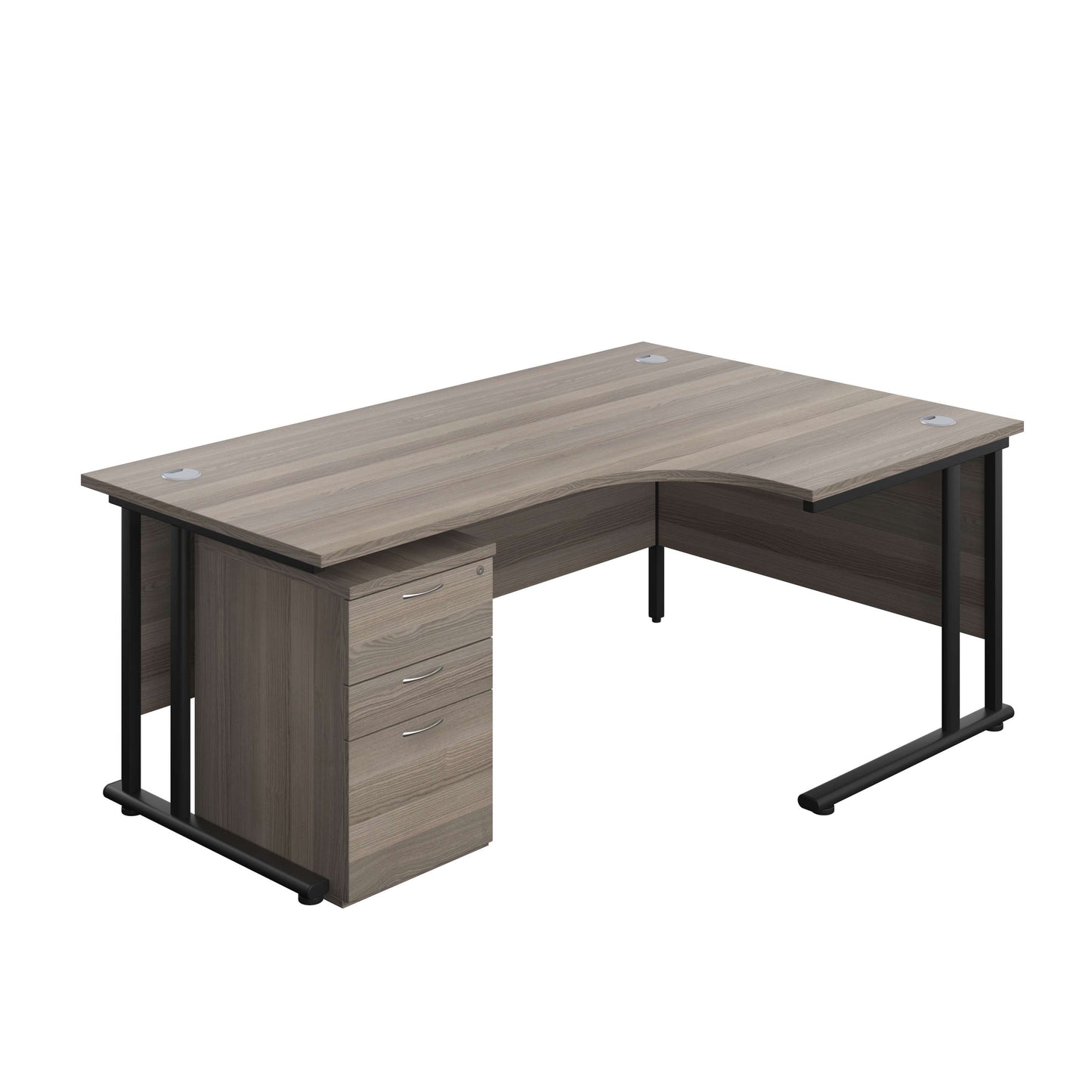 Twin Upright Right Hand Radial Desk + High Mobile Pedestal 3 Drawer (FSC) | 1800X1200 | Grey Oak/Black
