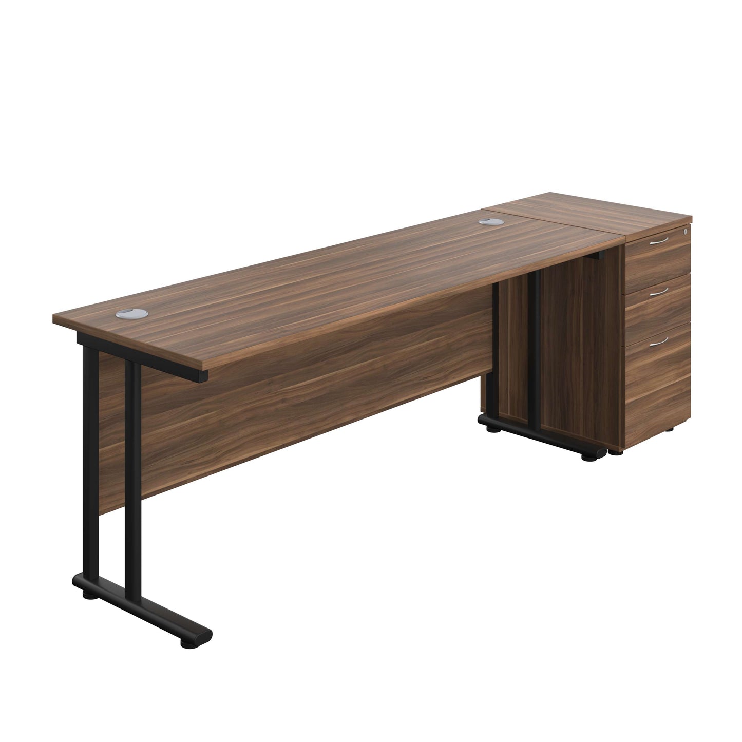 Twin Upright Rectangular Desk + Desk High 3 Drawer Pedestal (FSC) | 1800X600 | Dark Walnut/Black