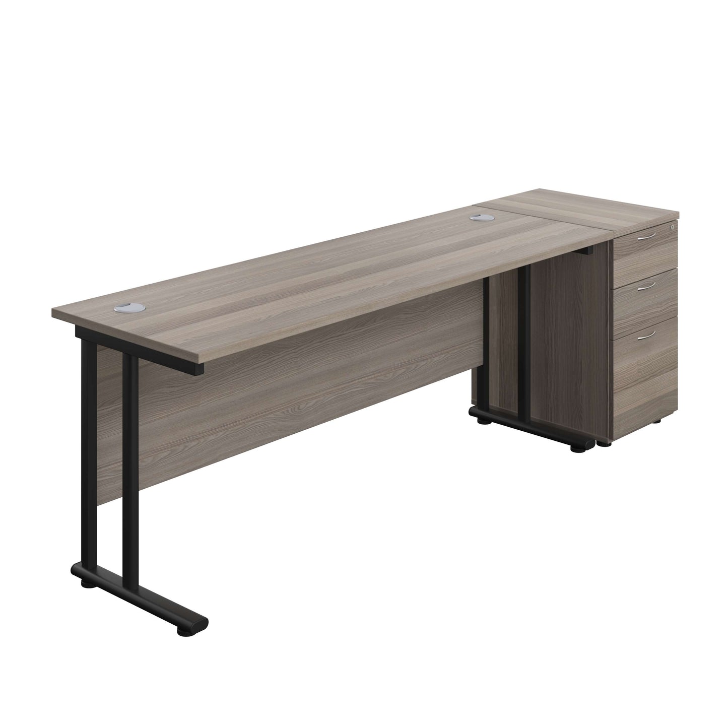 Twin Upright Rectangular Desk + Desk High 3 Drawer Pedestal (FSC) | 1800X600 | Grey Oak/Black