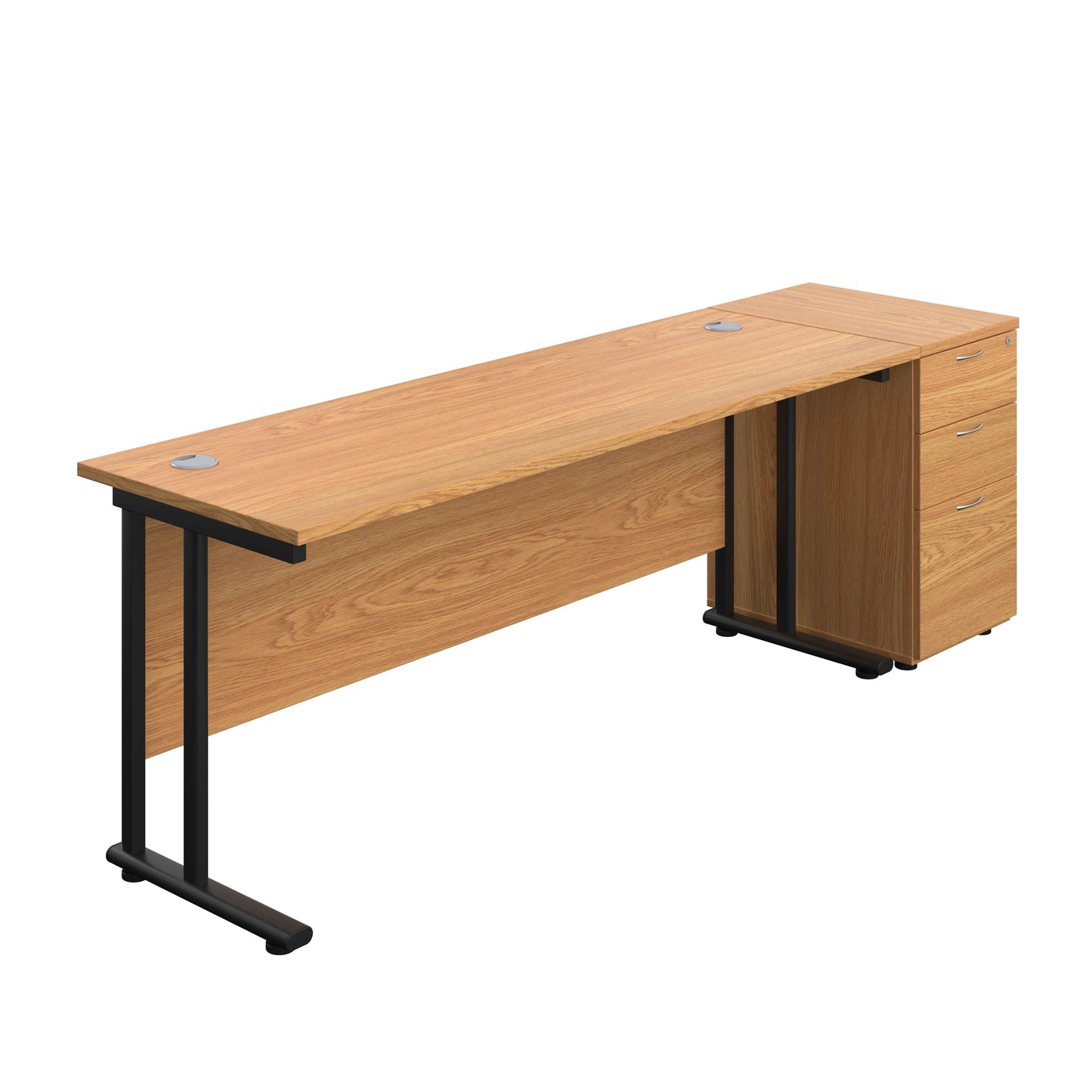 Twin Upright Rectangular Desk + Desk High 3 Drawer Pedestal (FSC) | 1800X600 | Nova Oak/Black