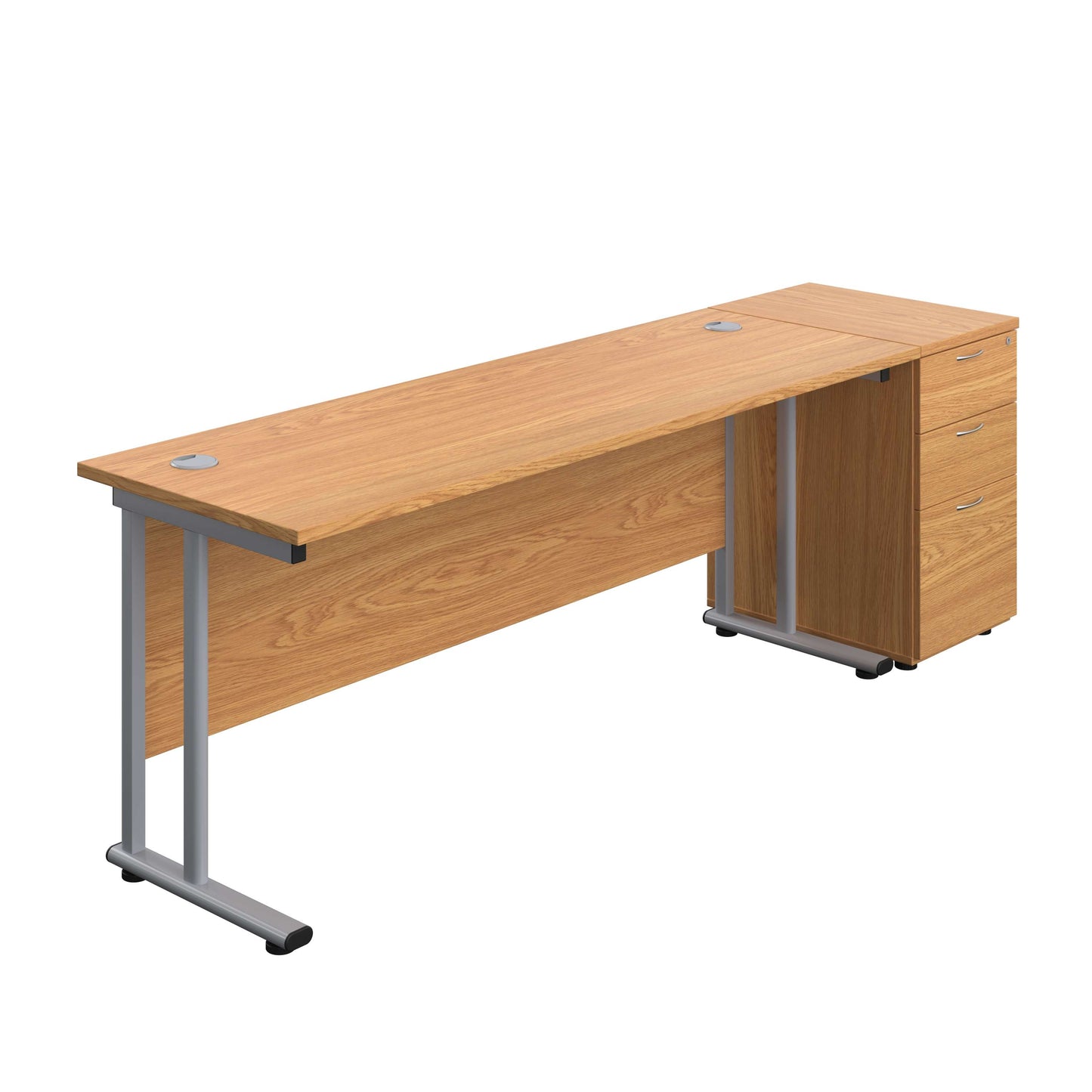 Twin Upright Rectangular Desk + Desk High 3 Drawer Pedestal (FSC) | 1800X600 | Nova Oak/Silver